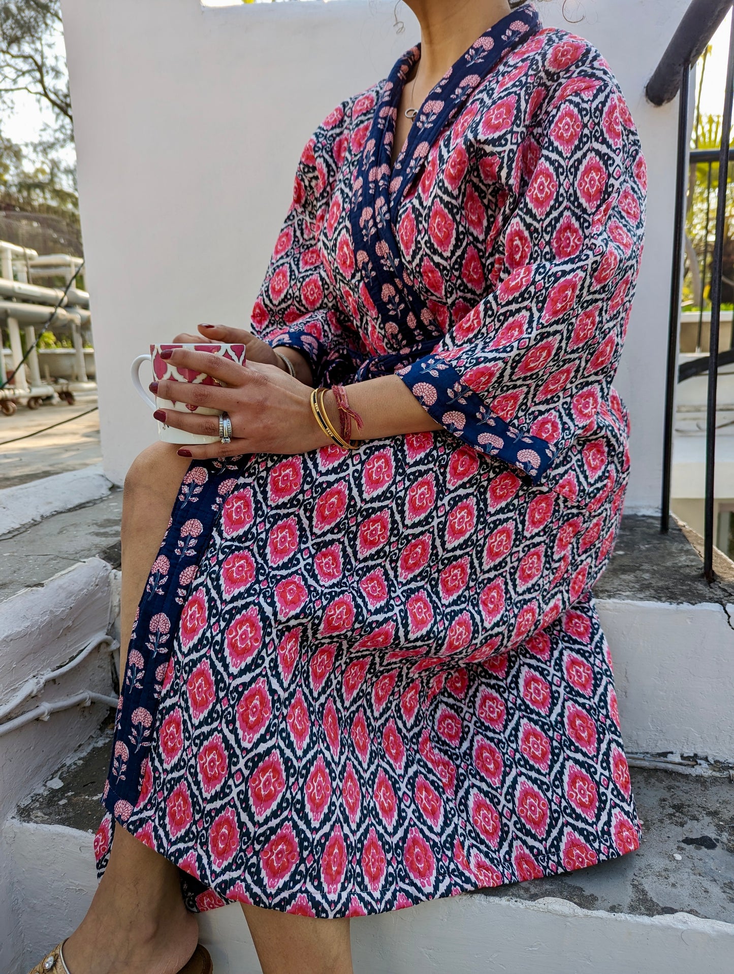 BLUE AND PINK IKAT LUXURY QUILTED COTTON ROBE