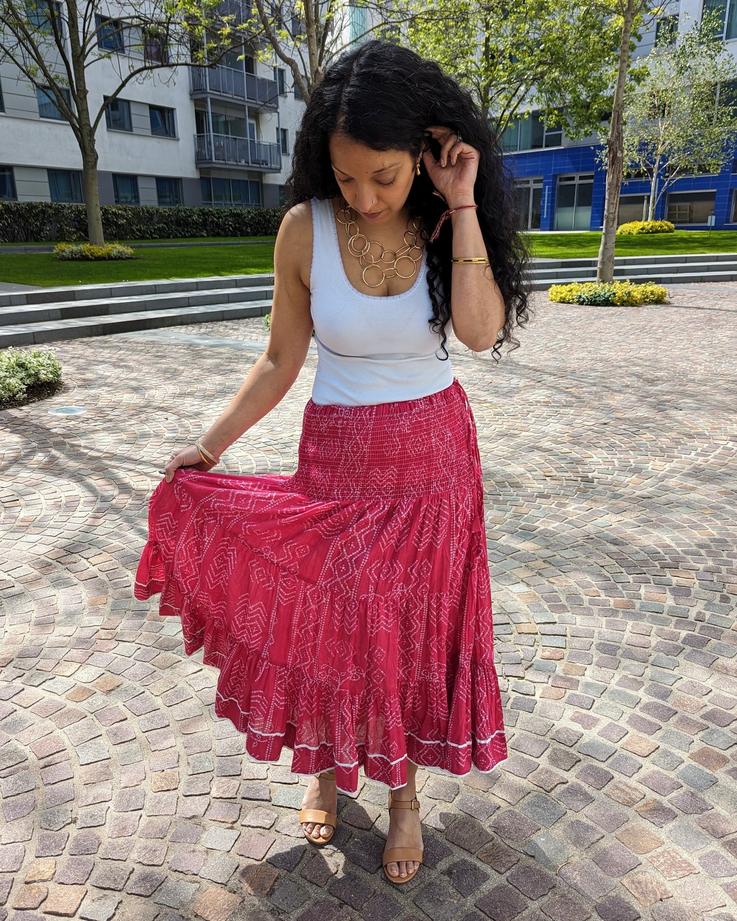 LONG BLOCK PRINT BOHEMIAN SKIRT - RANI PINK BANDHINI