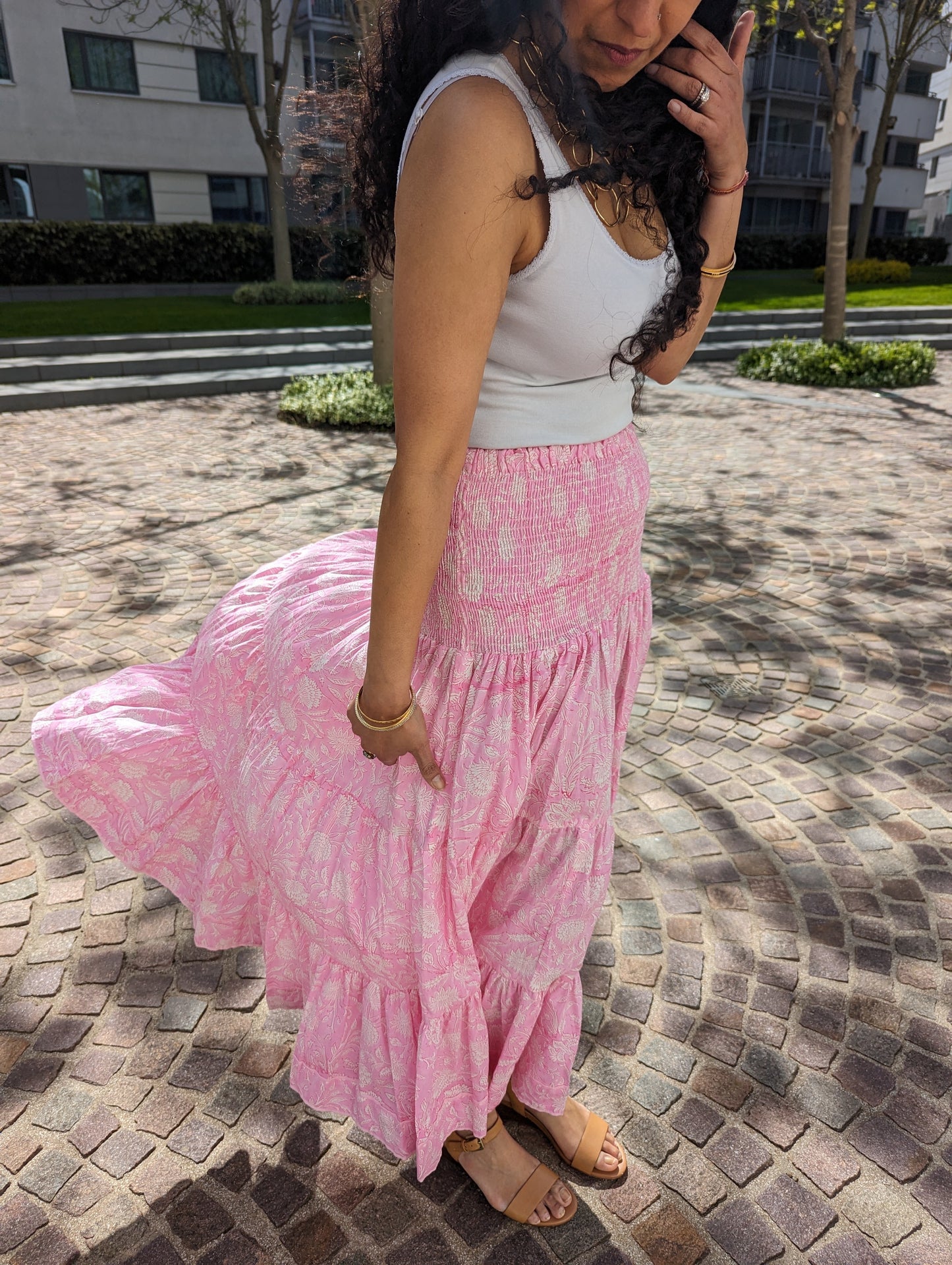 LONG BLOCK PRINT BOHEMIAN SKIRT -PINK & WHITE FLORAL VINE