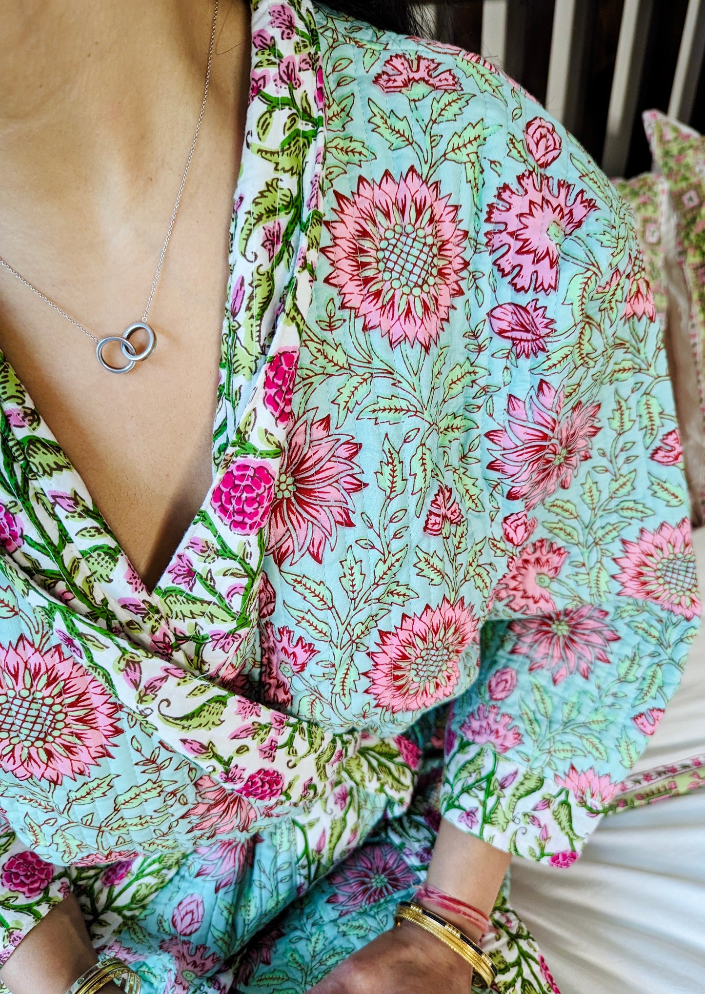 PALE PINK & SEA GREEN FLORAL VINE LUXURY QUILTED COTTON ROBE