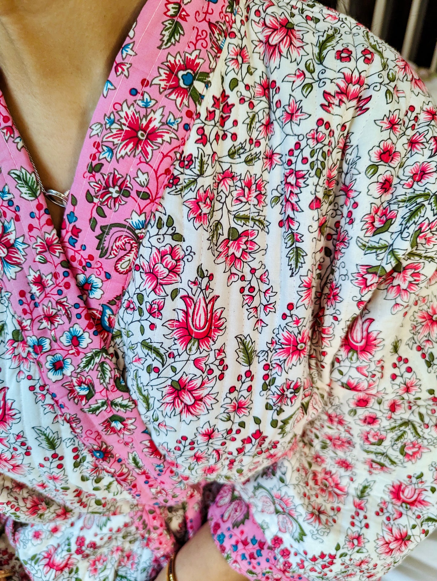 WHITE AND PINK FLORAL VINE LUXURY QUILTED COTTON ROBE