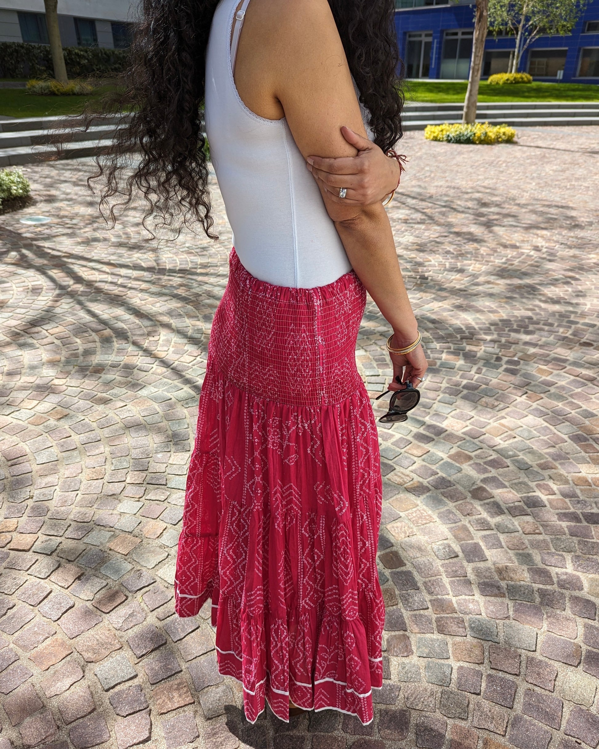 LONG BLOCK PRINT BOHEMIAN SKIRT - RANI PINK BANDHINI
