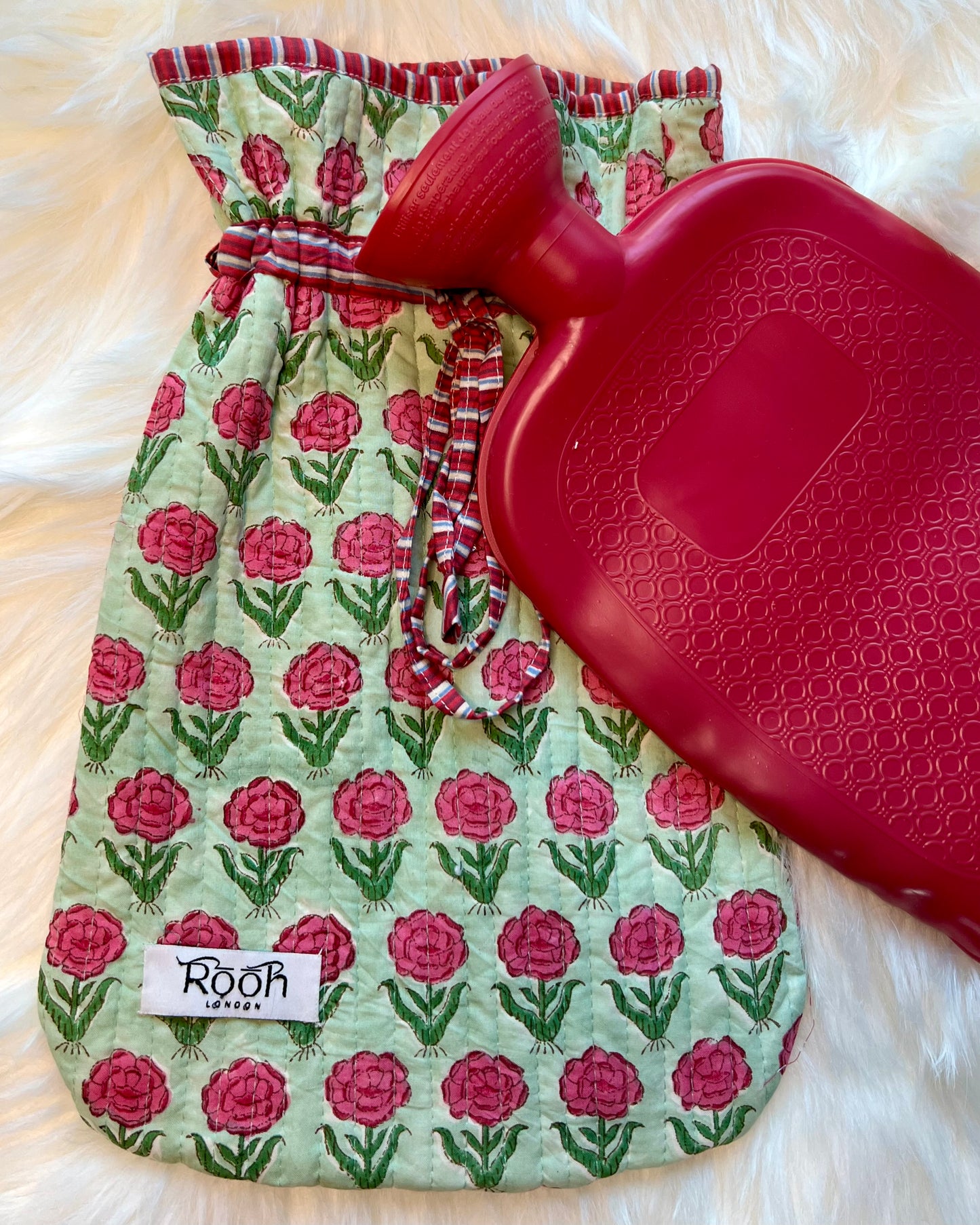 QUILTED HOT WATER BOTTLE COVER - GREEN FLORAL
