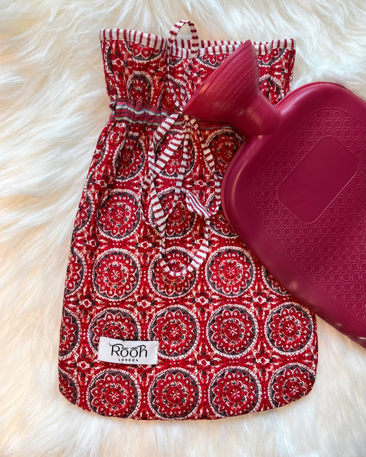QUILTED HOT WATER BOTTLE COVER - RED MANDALA