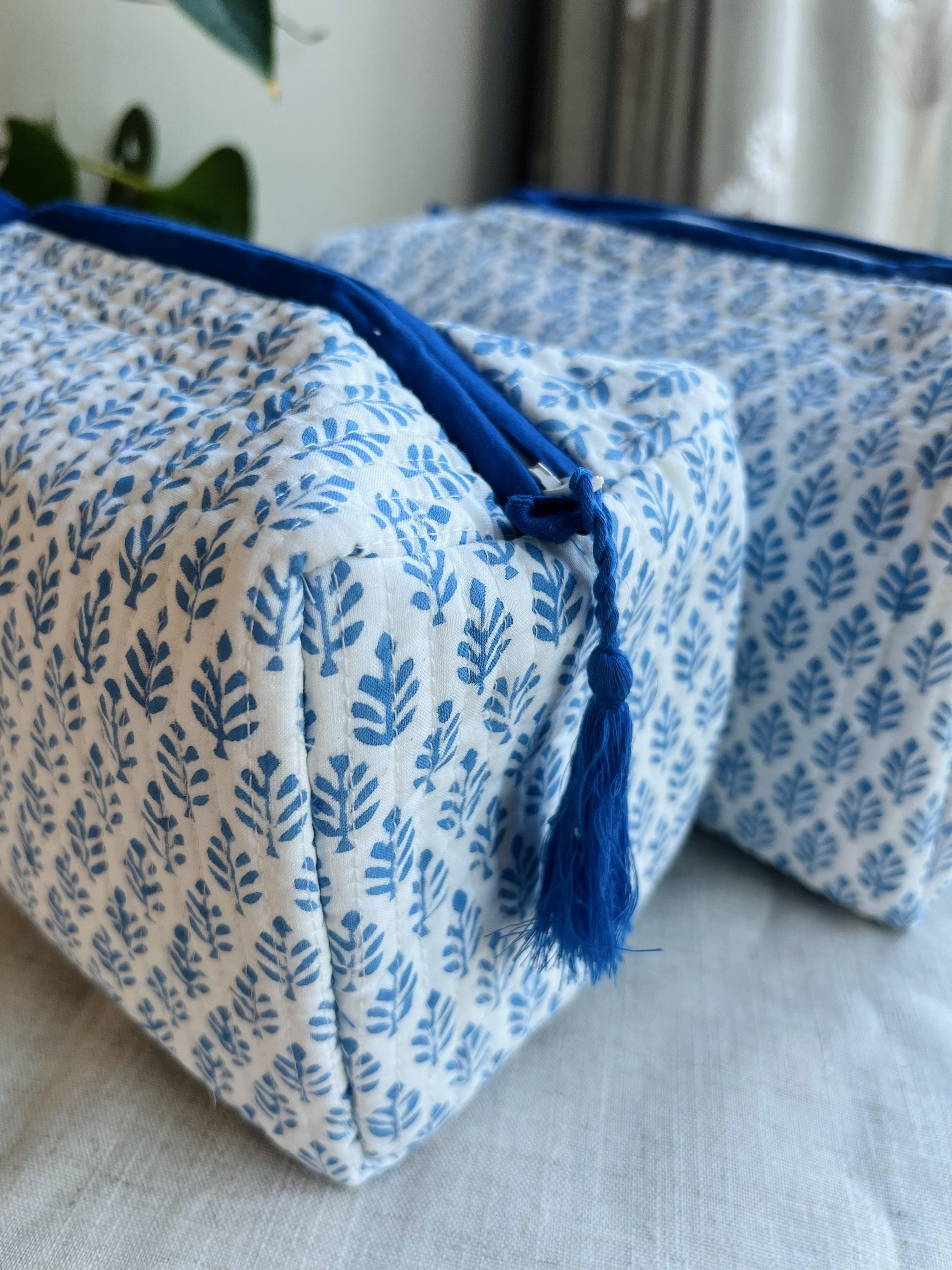 Eco-friendly hand block printed quilted washbag.
