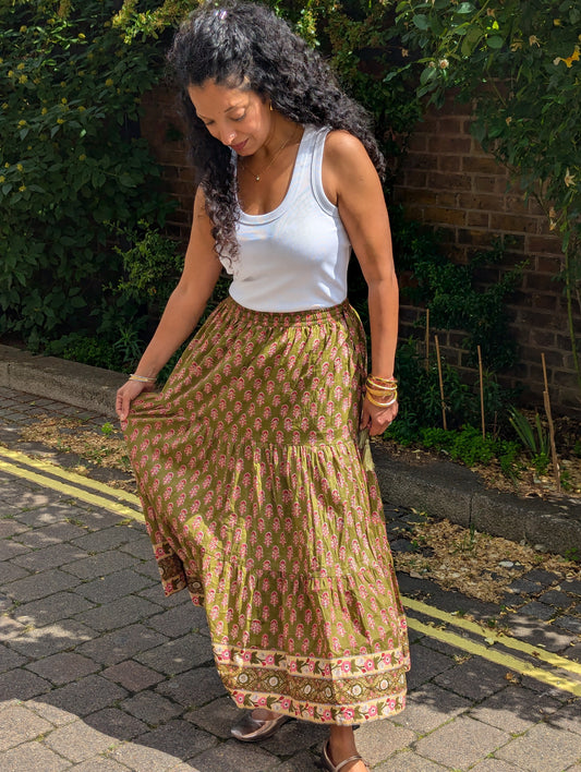 Lara Cotton Maxi Skirt in Sage Blossom 