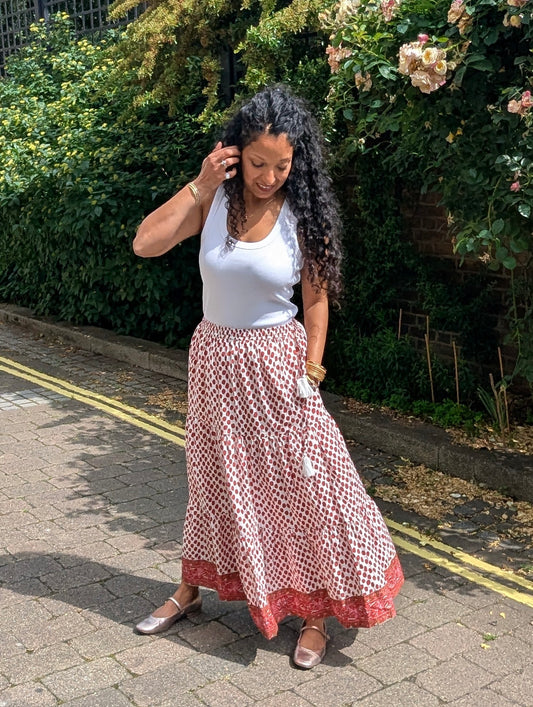 LARA COTTON MAXI SKIRT IN RED PETALS