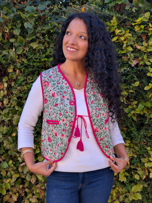 BLOCK PRINT QUILTED WAISTCOAT - FLORAL BLOOM