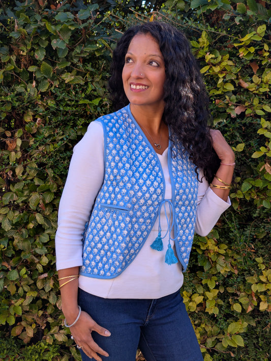 BLOCK PRINT QUILTED WAISTCOAT - BLUE BLOSSOM