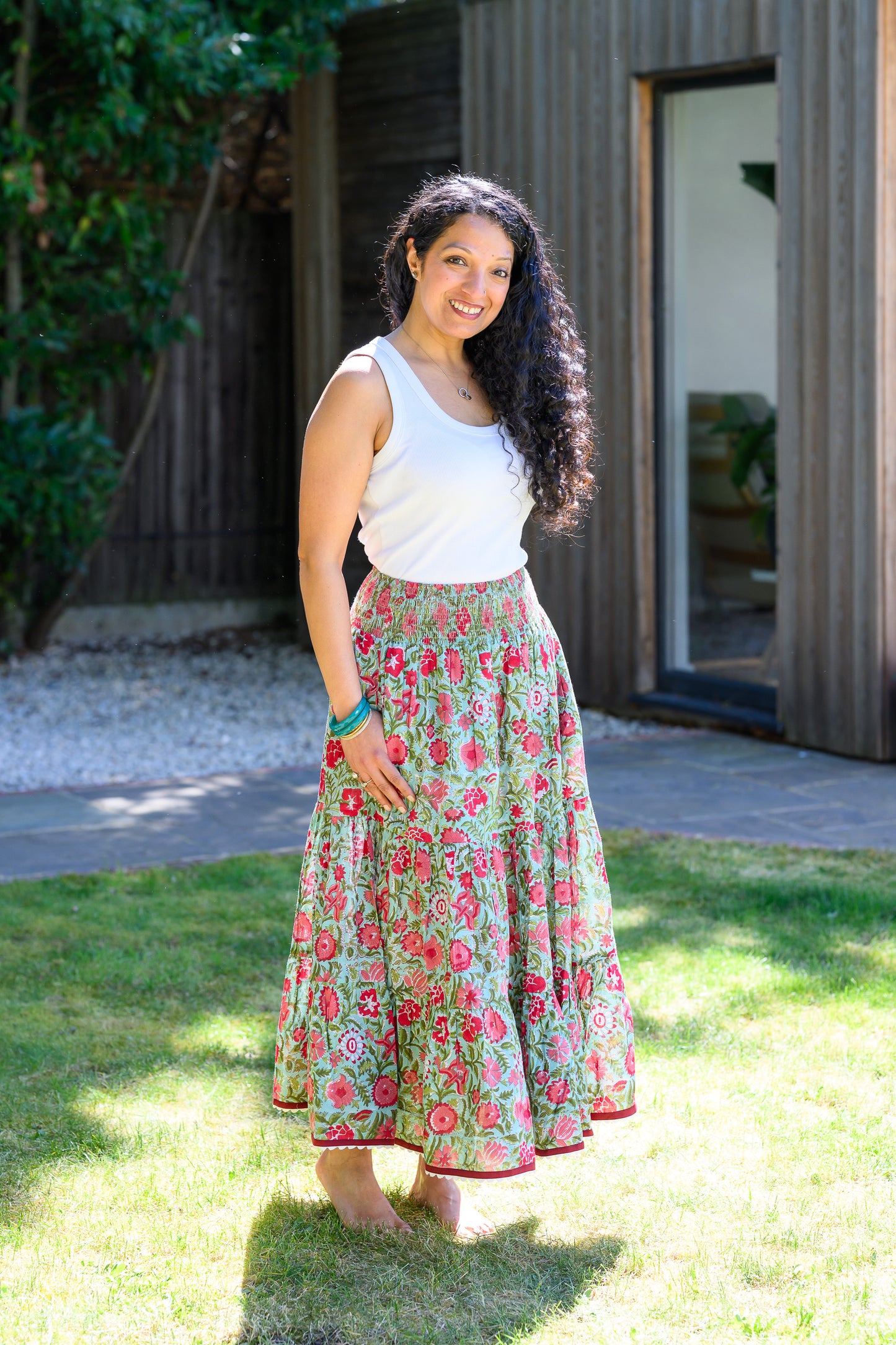 LYLA COTTON MAXI SKIRT - TURQUOISE & RED FLORAL