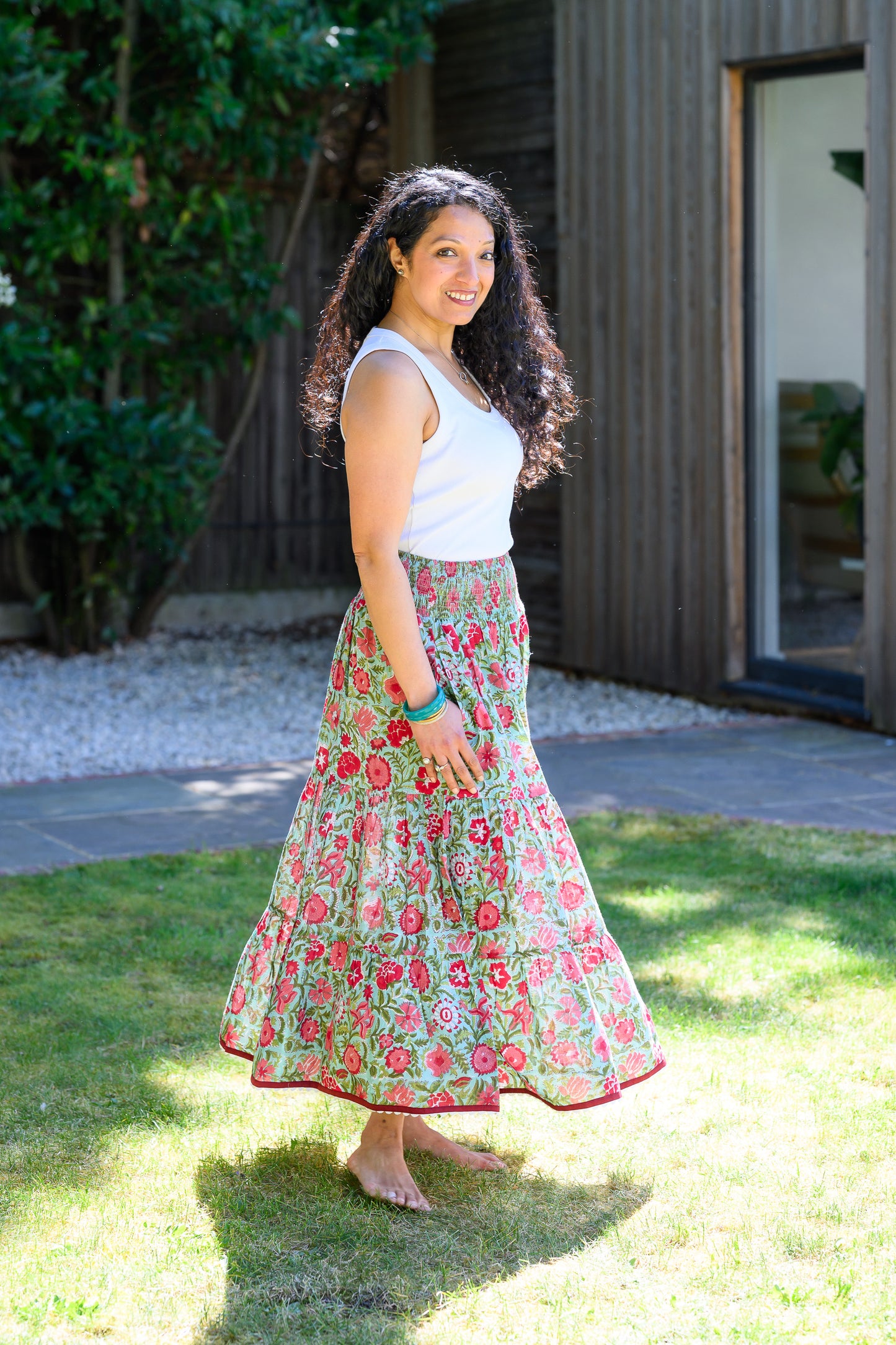 LYLA COTTON MAXI SKIRT - TURQUOISE & RED FLORAL