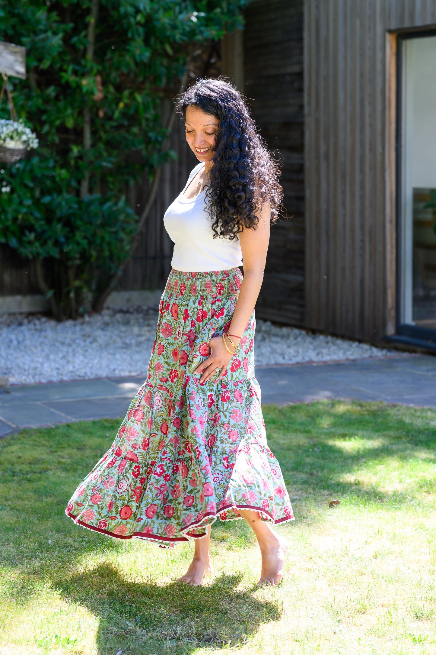 LYLA COTTON MAXI SKIRT - TURQUOISE & RED FLORAL