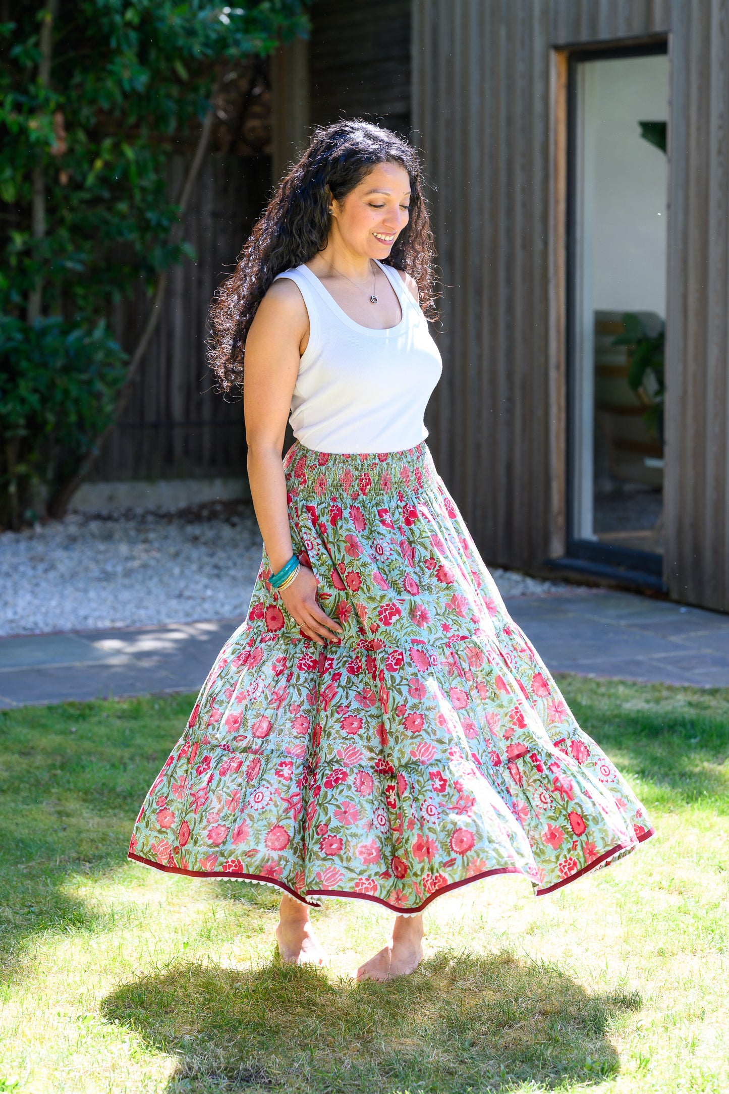 LYLA COTTON MAXI SKIRT - TURQUOISE & RED FLORAL