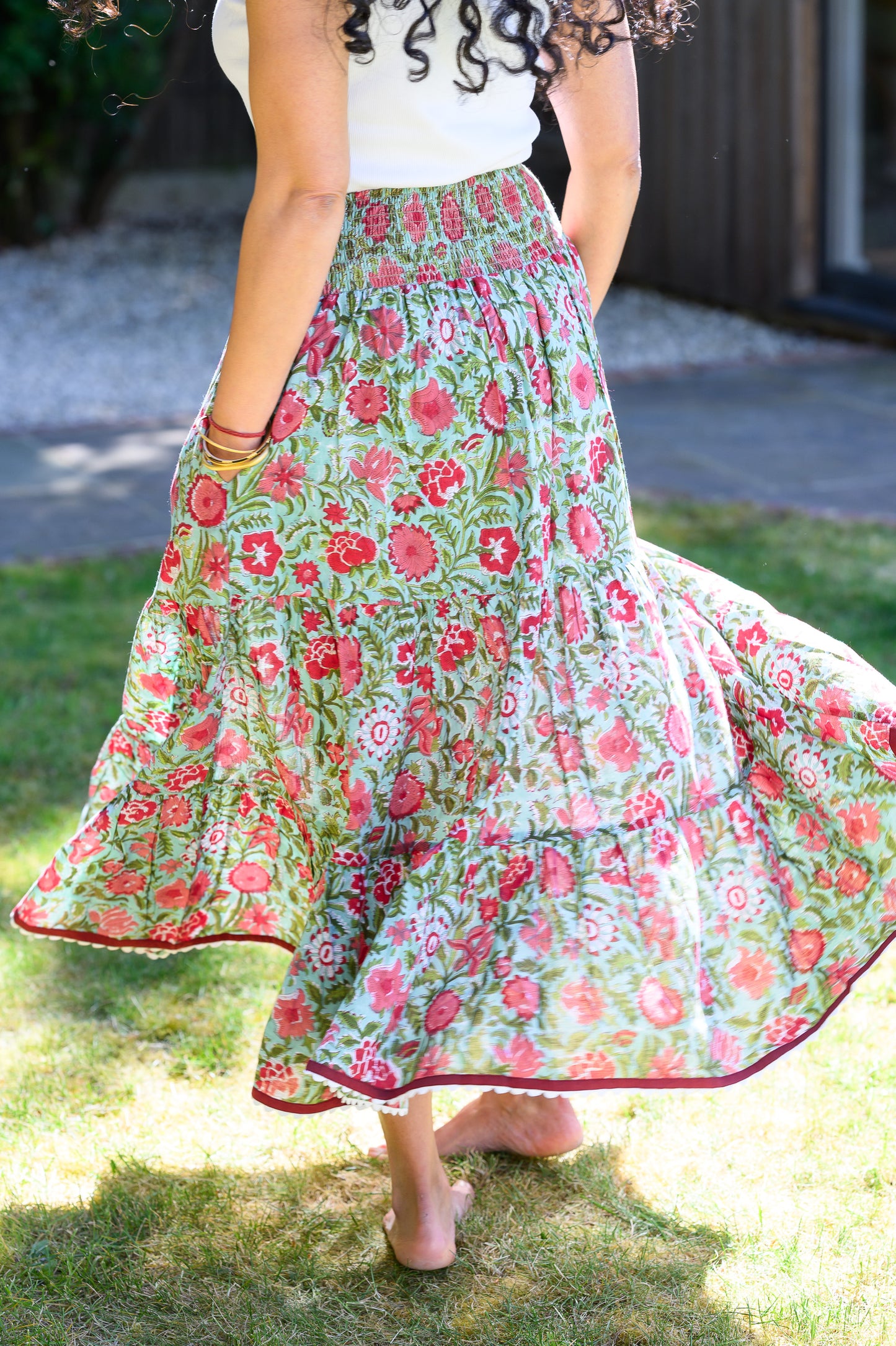 LYLA COTTON MAXI SKIRT - TURQUOISE & RED FLORAL
