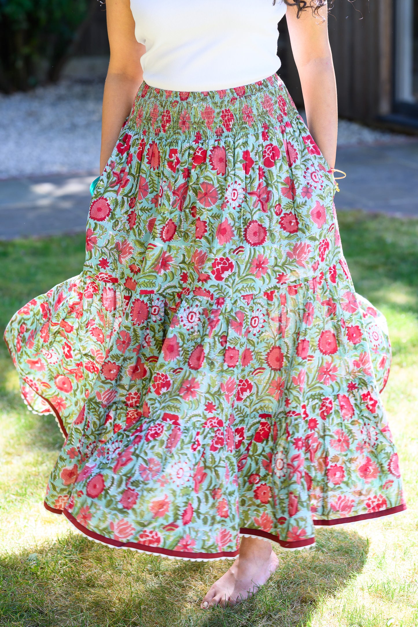 LYLA COTTON MAXI SKIRT - TURQUOISE & RED FLORAL