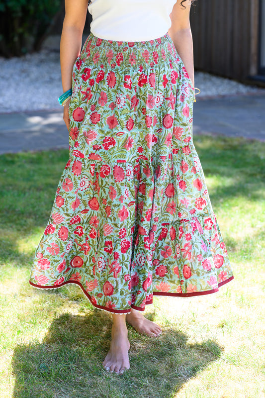 LYLA COTTON MAXI SKIRT - TURQUOISE & RED FLORAL