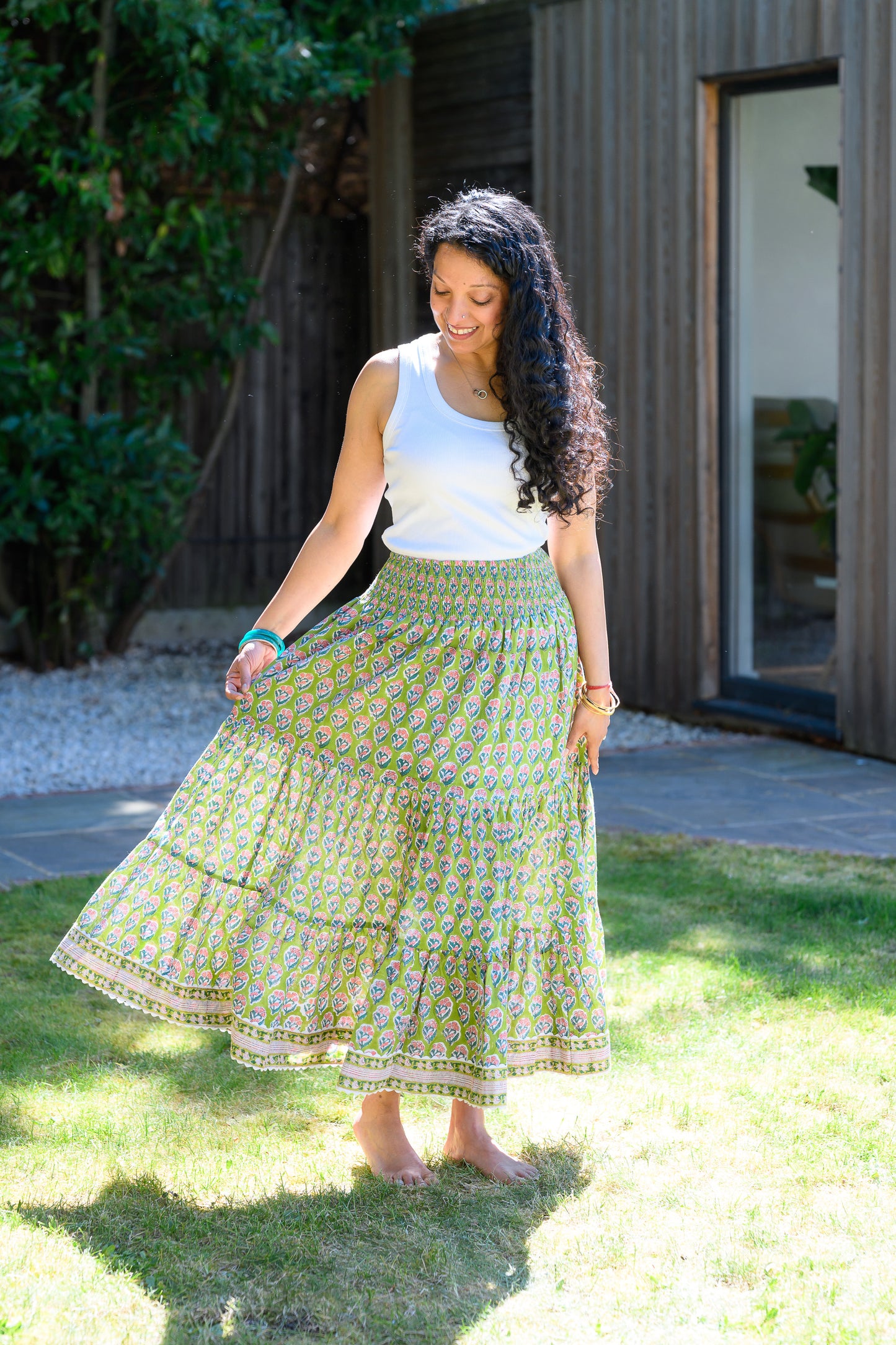 LYLA COTTON MAXI SKIRT - PARROT GREEN & PINK FLORAL
