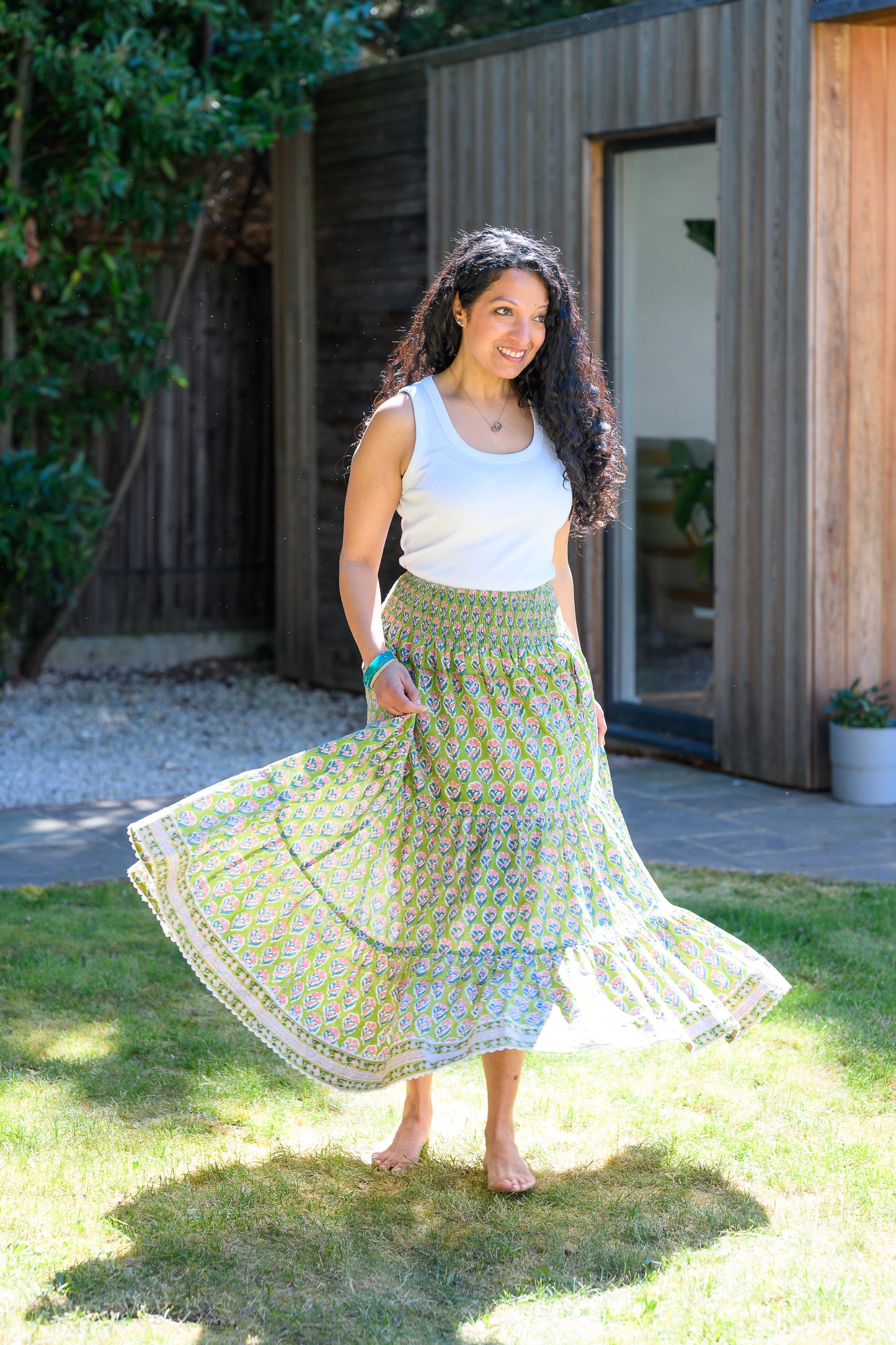 LYLA COTTON MAXI SKIRT - PARROT GREEN & PINK FLORAL