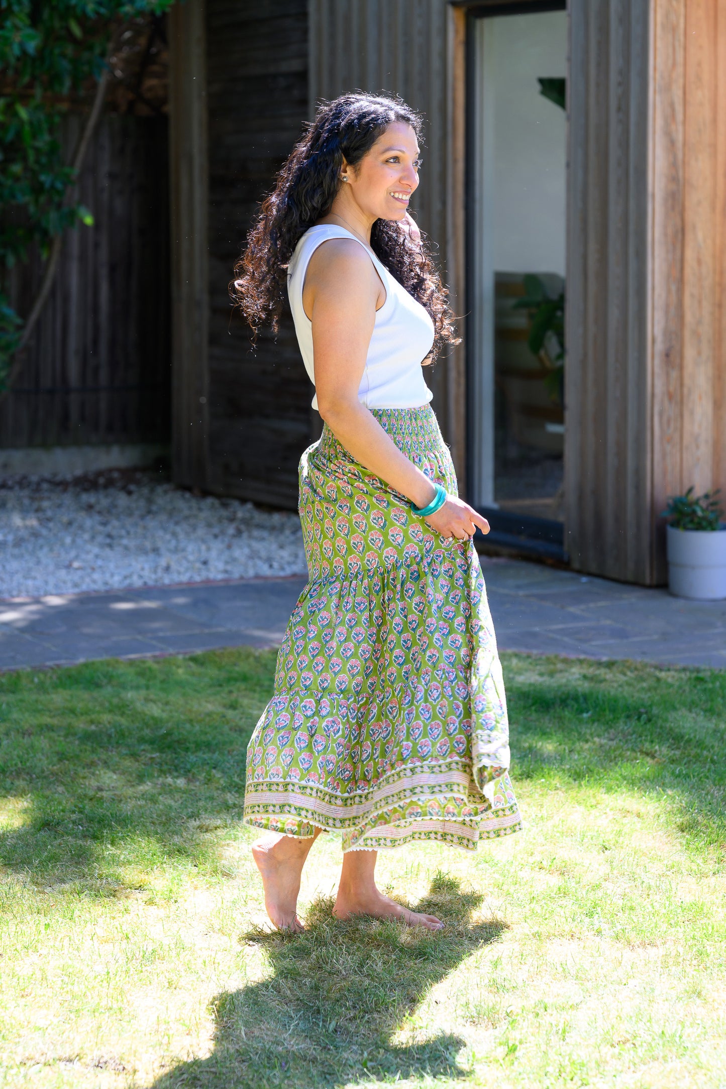 LYLA COTTON MAXI SKIRT - PARROT GREEN & PINK FLORAL