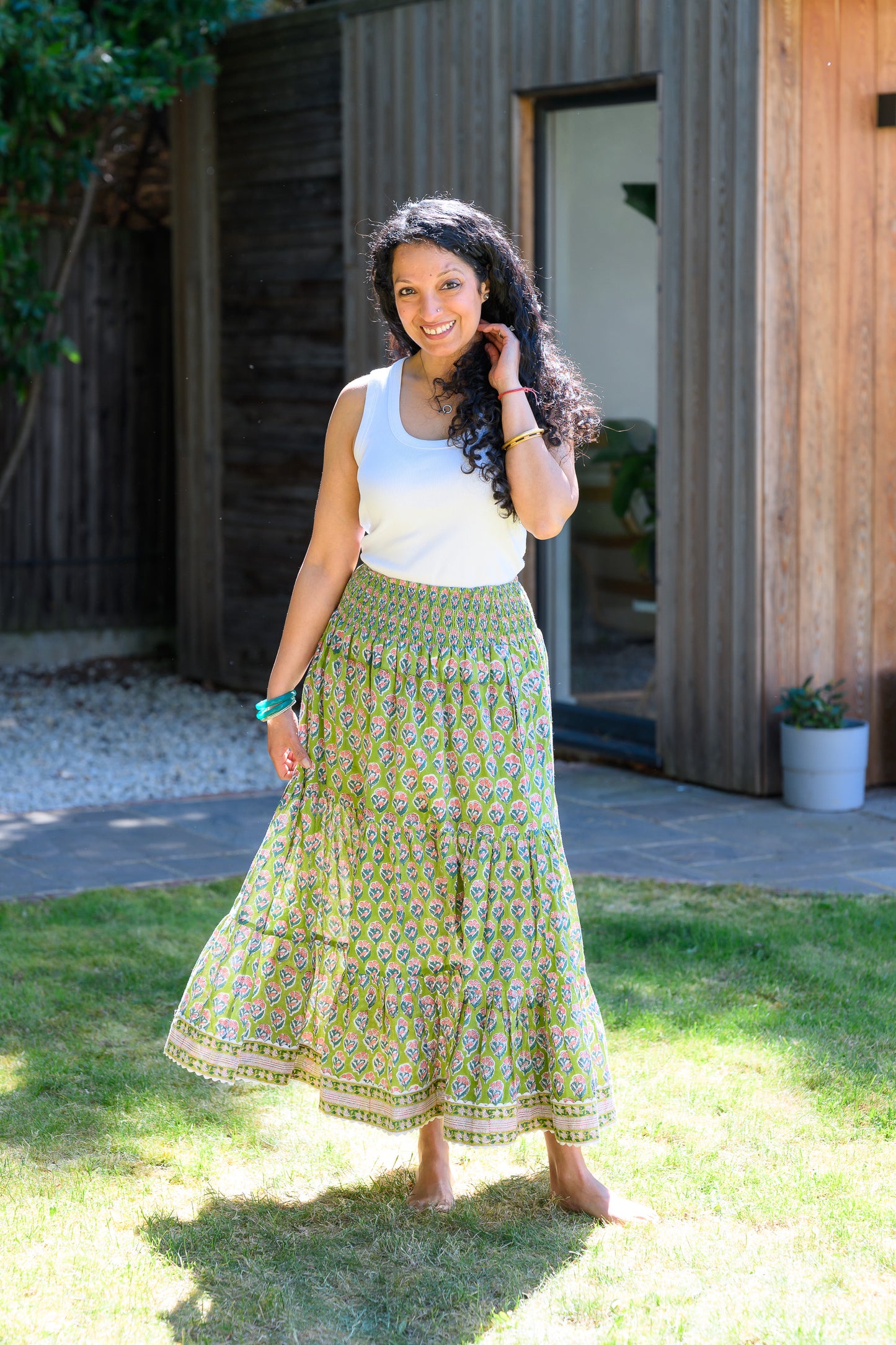 LYLA COTTON MAXI SKIRT - PARROT GREEN & PINK FLORAL