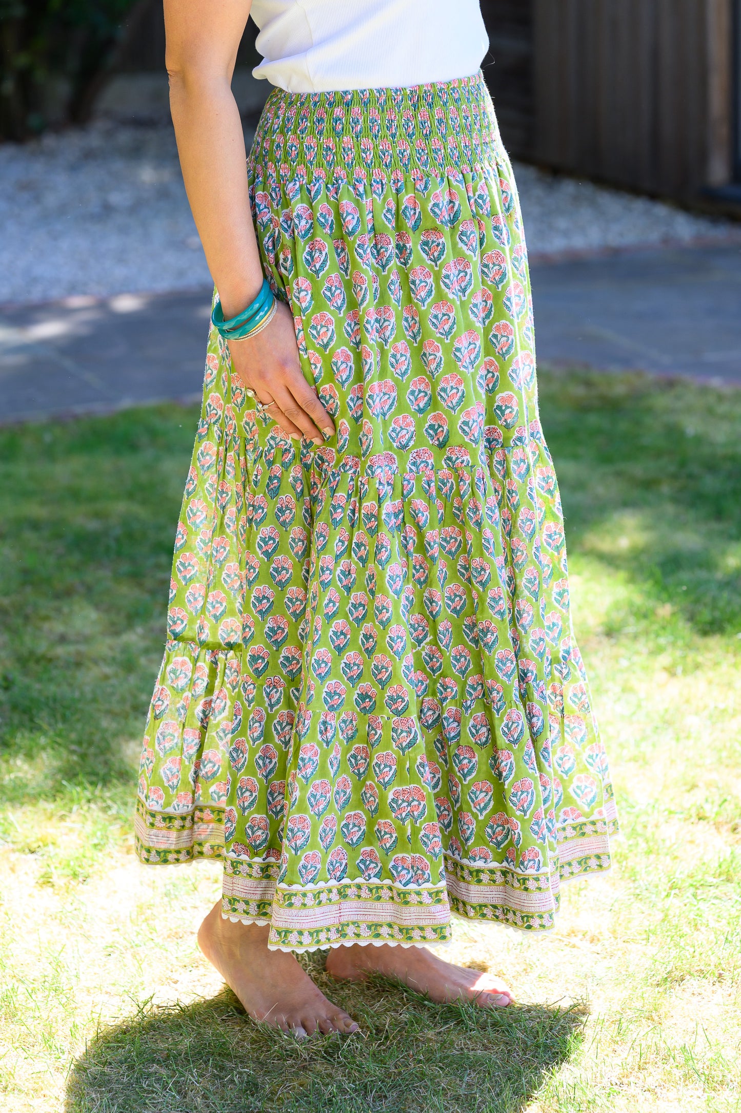 LYLA COTTON MAXI SKIRT - PARROT GREEN & PINK FLORAL