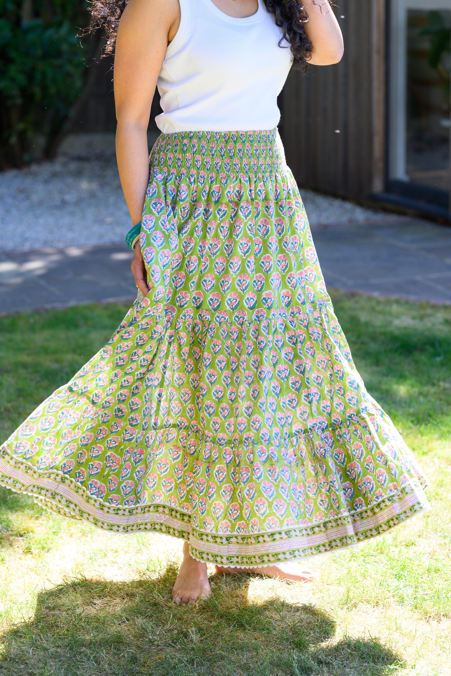 LYLA COTTON MAXI SKIRT - PARROT GREEN & PINK FLORAL