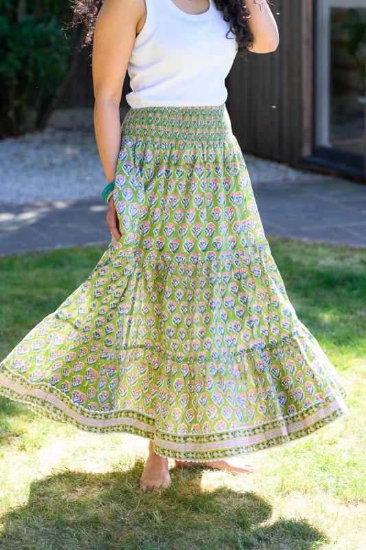 LYLA COTTON MAXI SKIRT - PARROT GREEN & PINK FLORAL