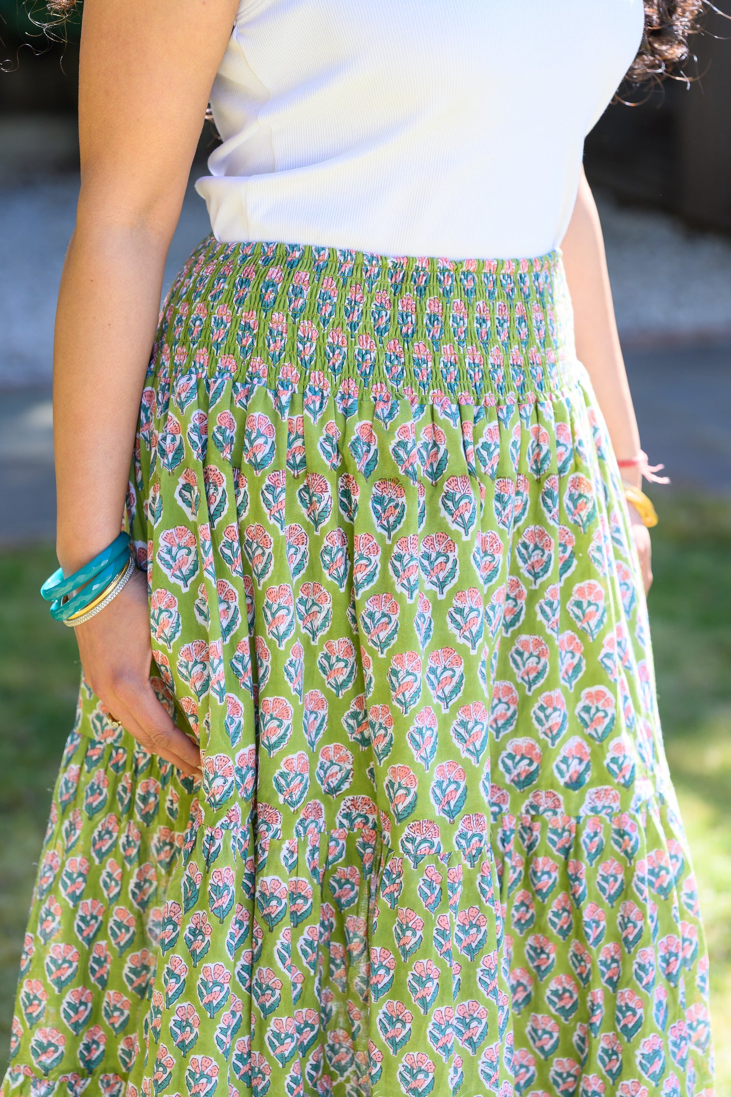 LYLA COTTON MAXI SKIRT - PARROT GREEN & PINK FLORAL