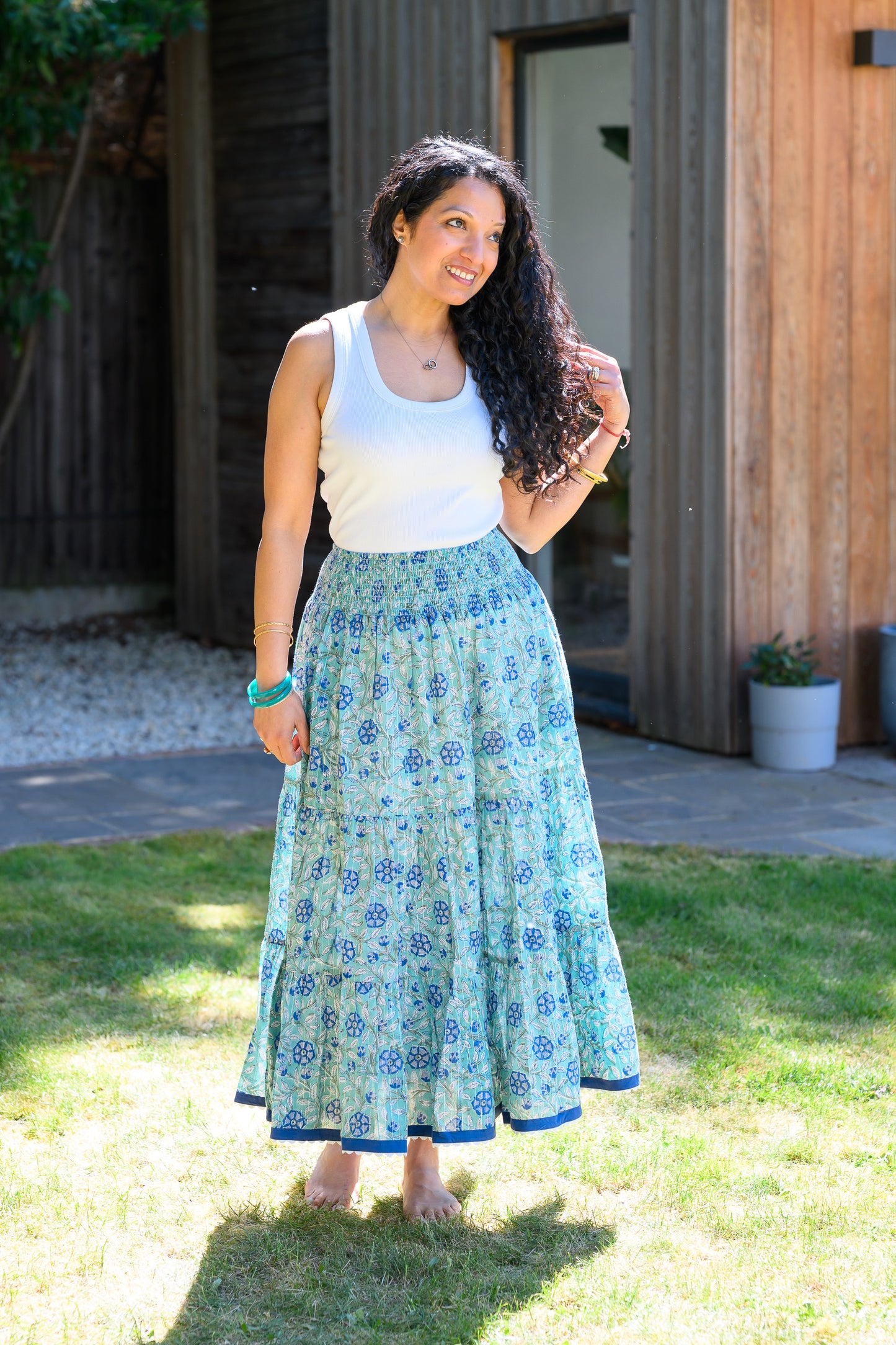 LYLA COTTON MAXI SKIRT - AQUA BLUE & LUREX