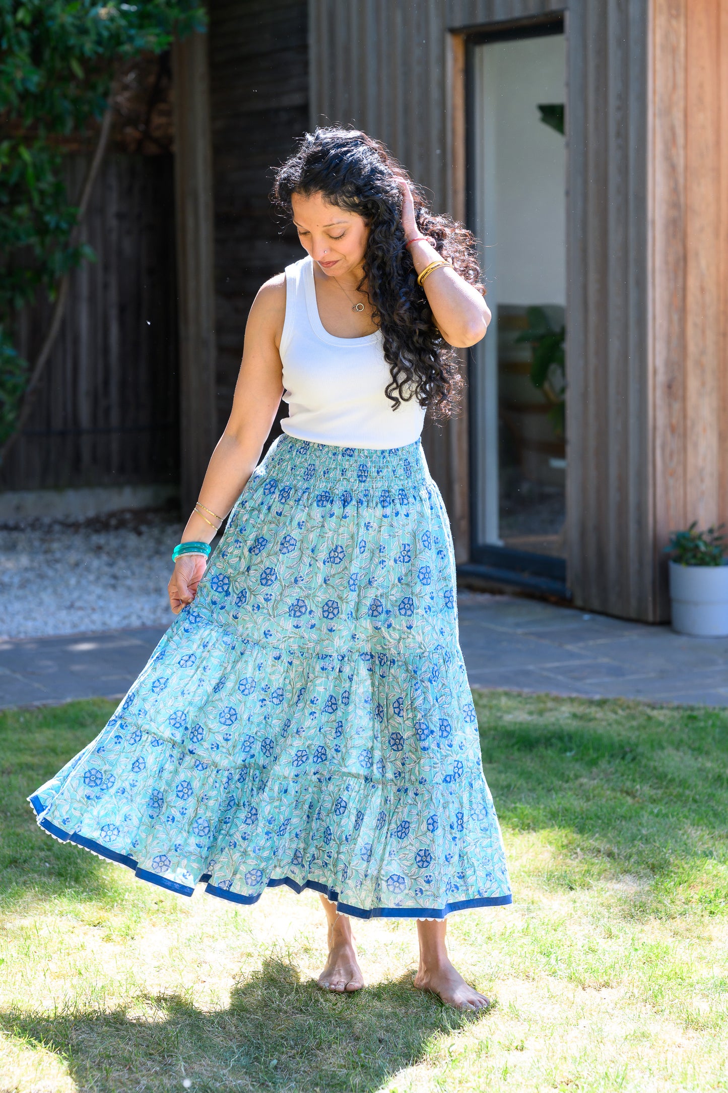 LYLA COTTON MAXI SKIRT - AQUA BLUE & LUREX