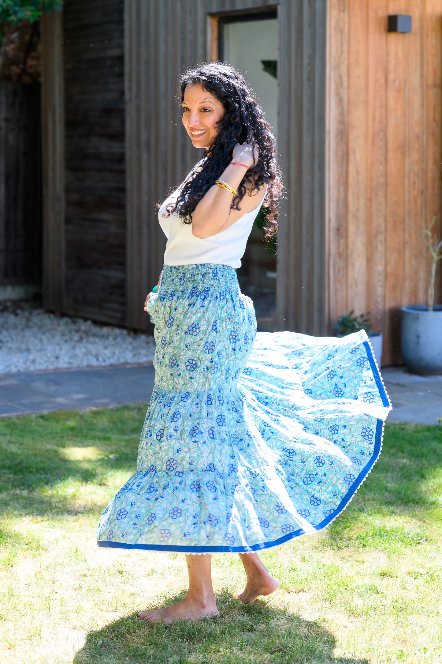LYLA COTTON MAXI SKIRT - AQUA BLUE & LUREX
