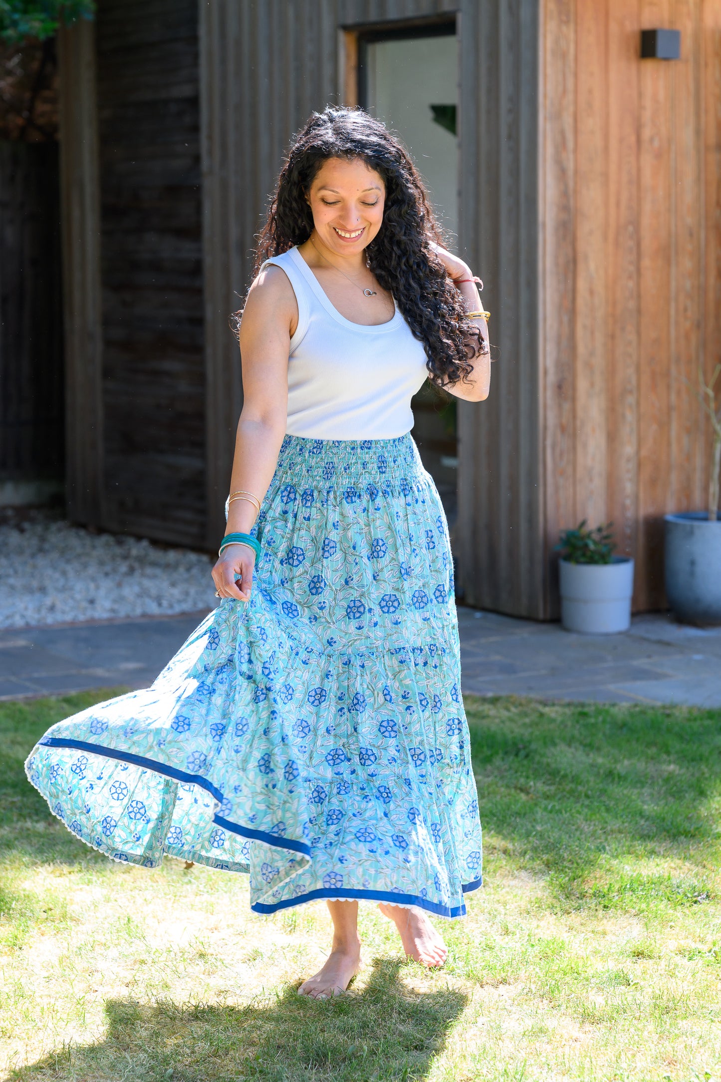 LYLA COTTON MAXI SKIRT - AQUA BLUE & LUREX