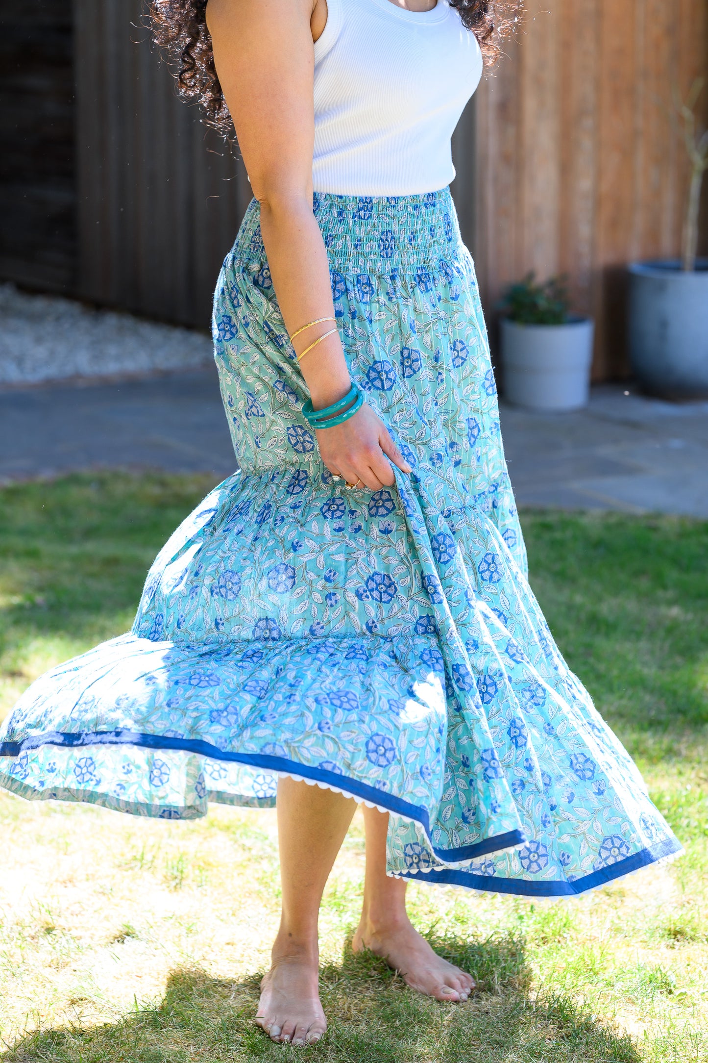 LYLA COTTON MAXI SKIRT - AQUA BLUE & LUREX