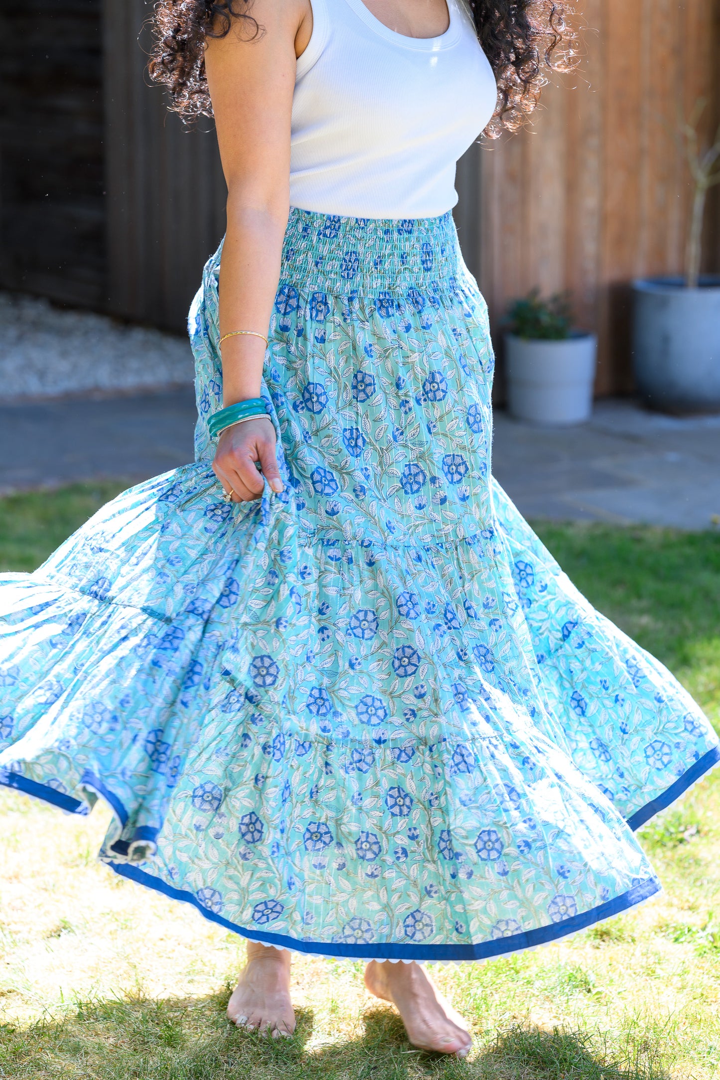 LYLA COTTON MAXI SKIRT - AQUA BLUE & LUREX