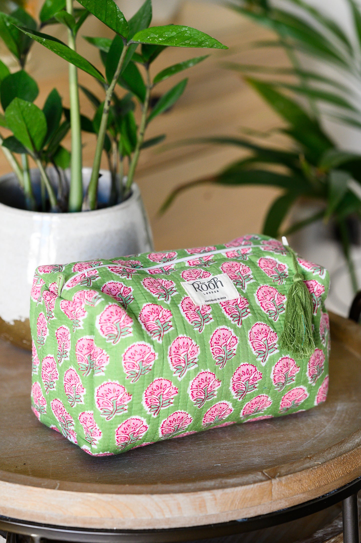 QUILTED COTTON BLOCK PRINT WASH BAG  - GREEN BLOSSOM