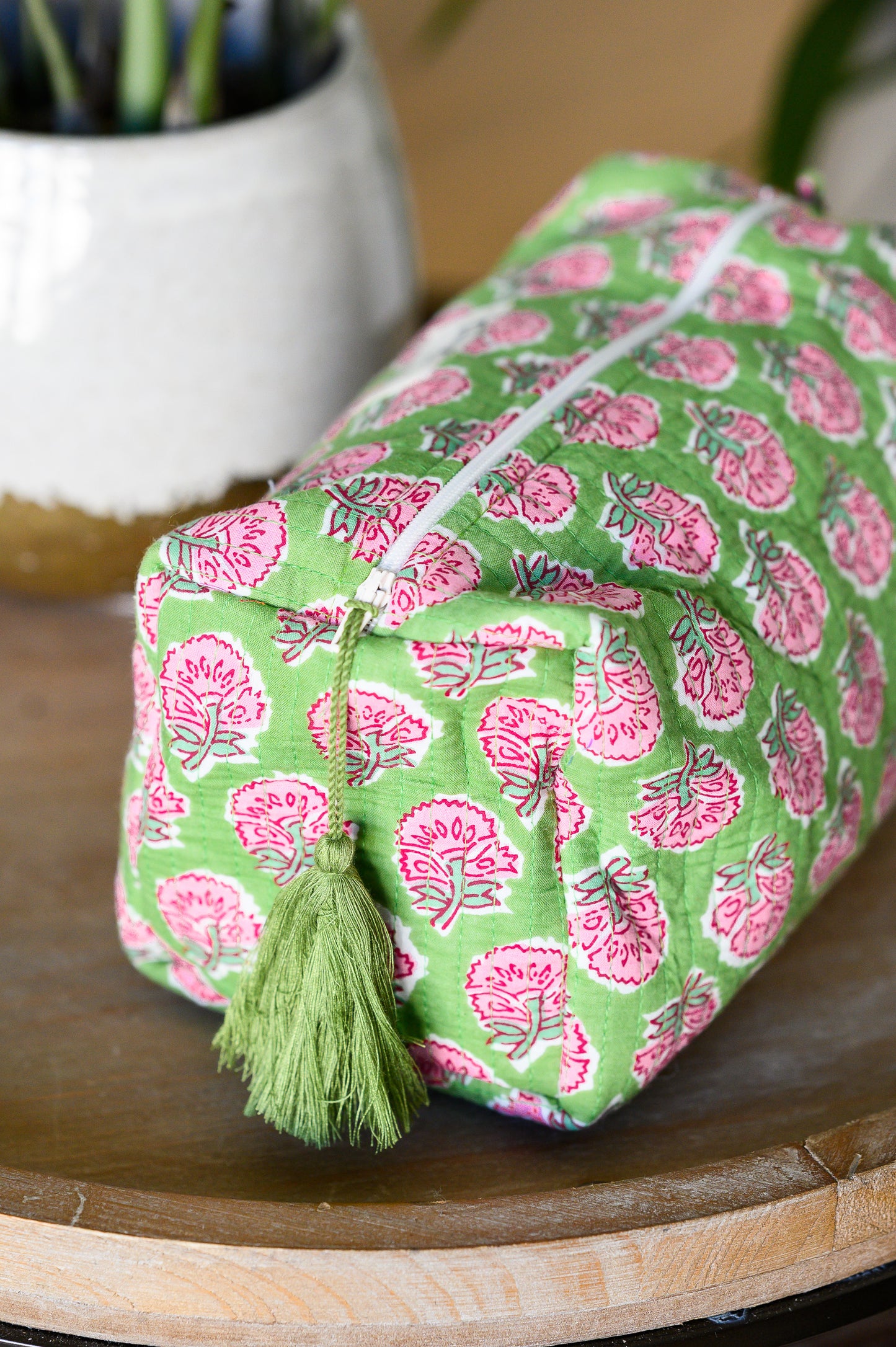 QUILTED COTTON BLOCK PRINT WASH BAG  - GREEN BLOSSOM