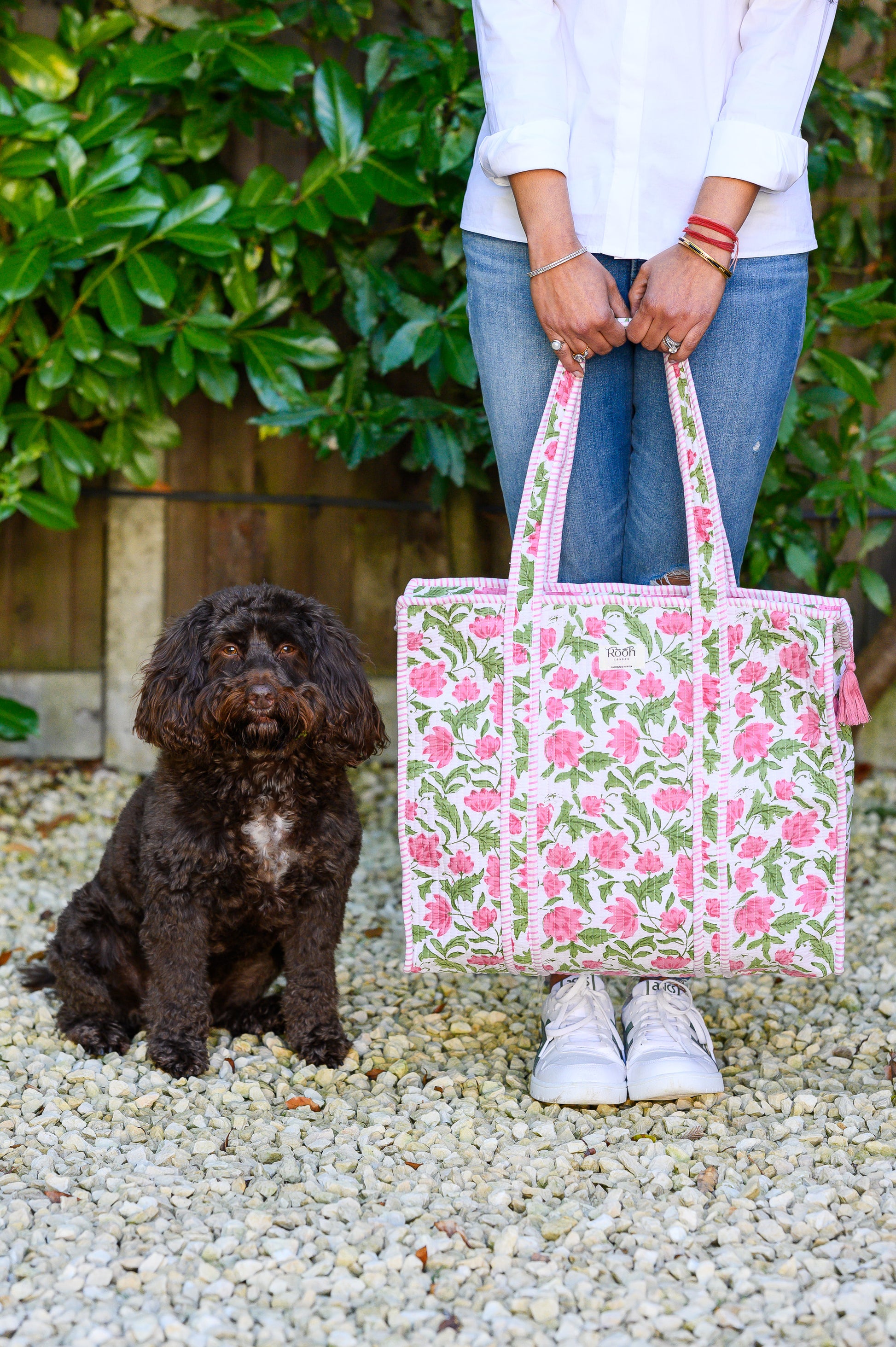 PINK FLORAL BLOCK PRINT QUILTED TOTE BAG