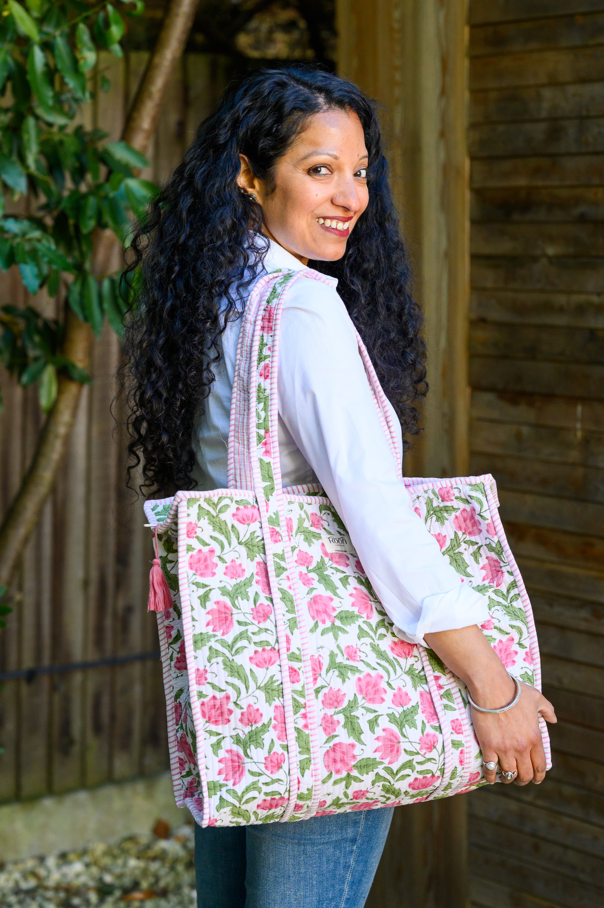 PINK FLORAL BLOCK PRINT QUILTED TOTE BAG