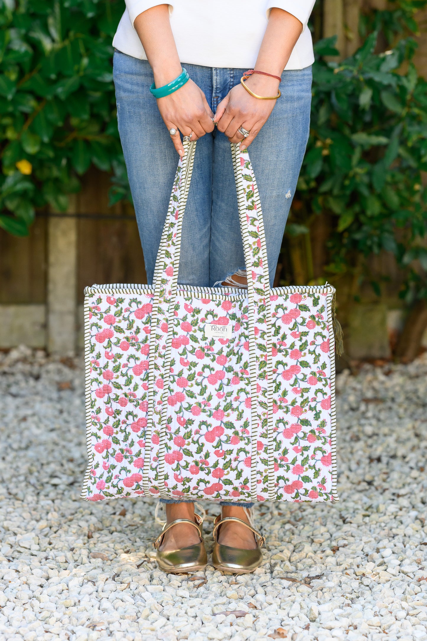 QUILTED TOTE BAG - PINK FLORAL VINE