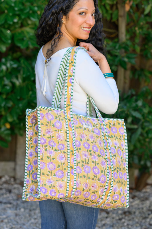 QUILTED TOTE BAG - YELLOW & LILAC FLORAL