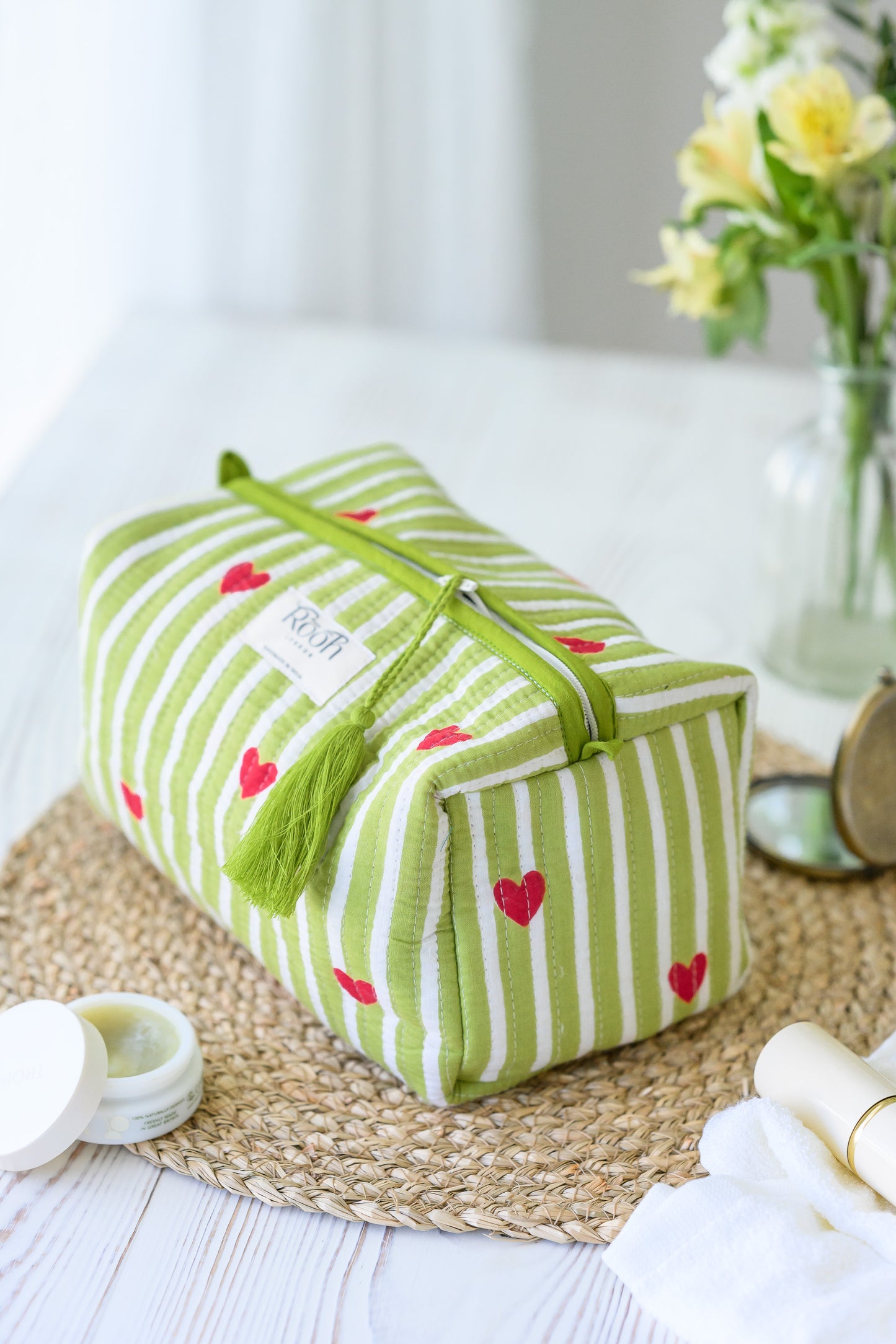 QUILTED COTTON WASH BAG  - CANDY HEART STRIPE