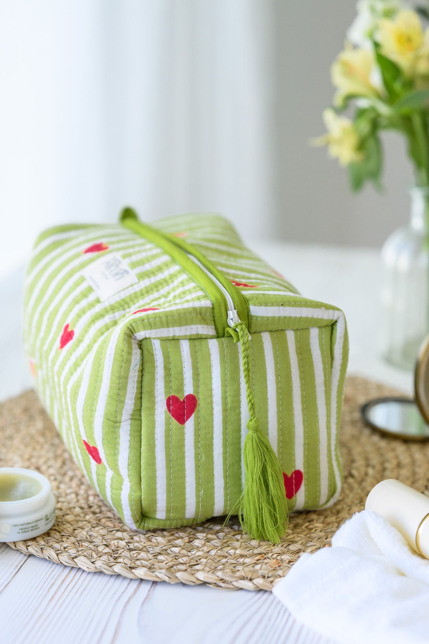 QUILTED COTTON WASH BAG  - CANDY HEART STRIPE