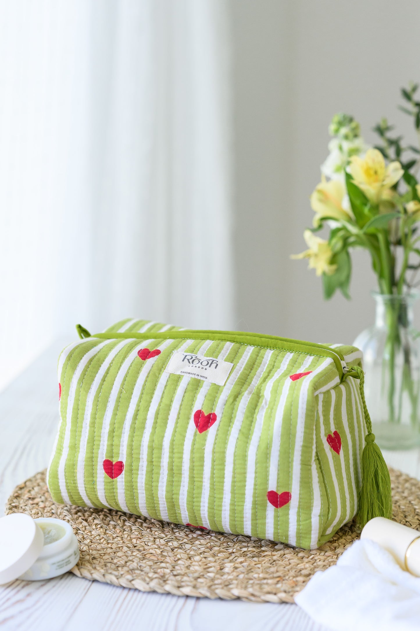 QUILTED COTTON WASH BAG  - CANDY HEART STRIPE