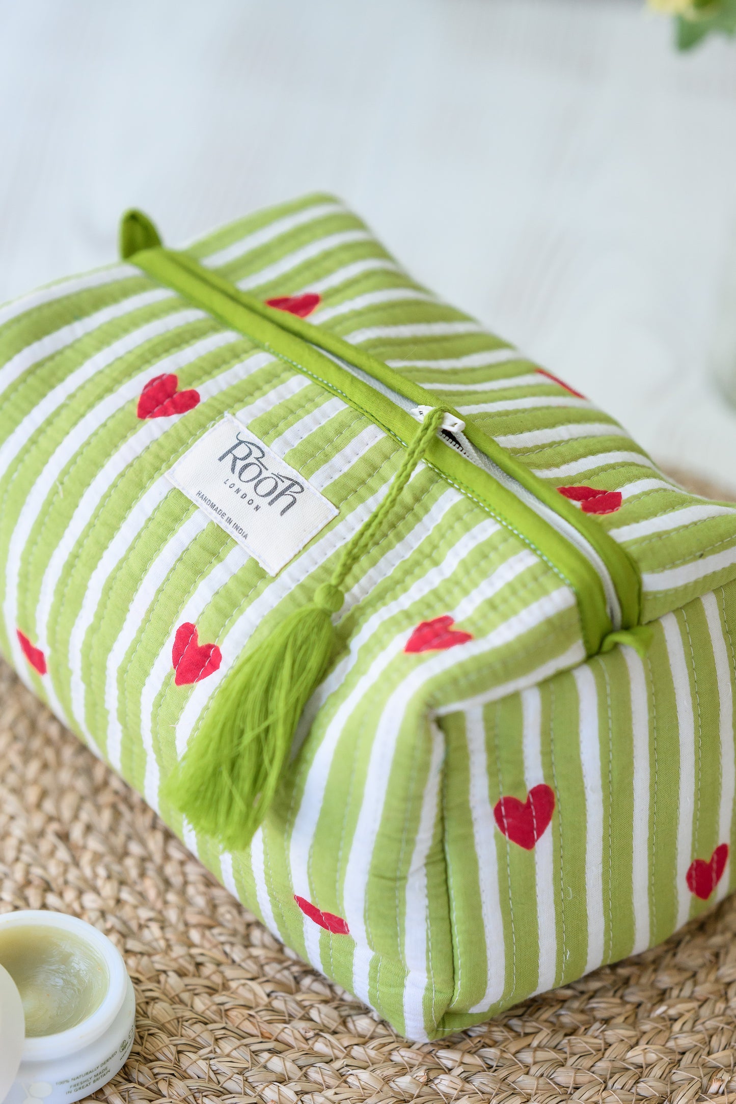 QUILTED COTTON WASH BAG  - CANDY HEART STRIPE