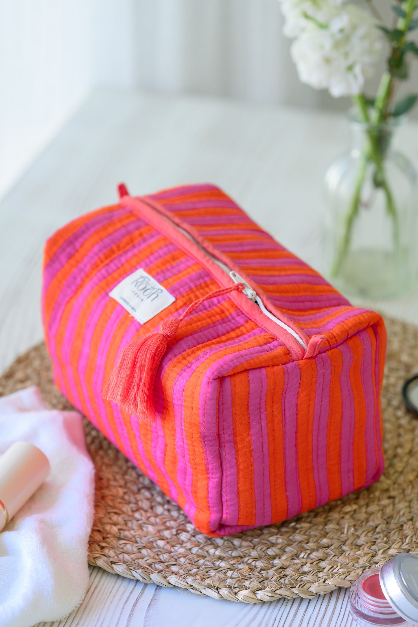 QUILTED COTTON WASH BAG  - SUNSET STRIPE