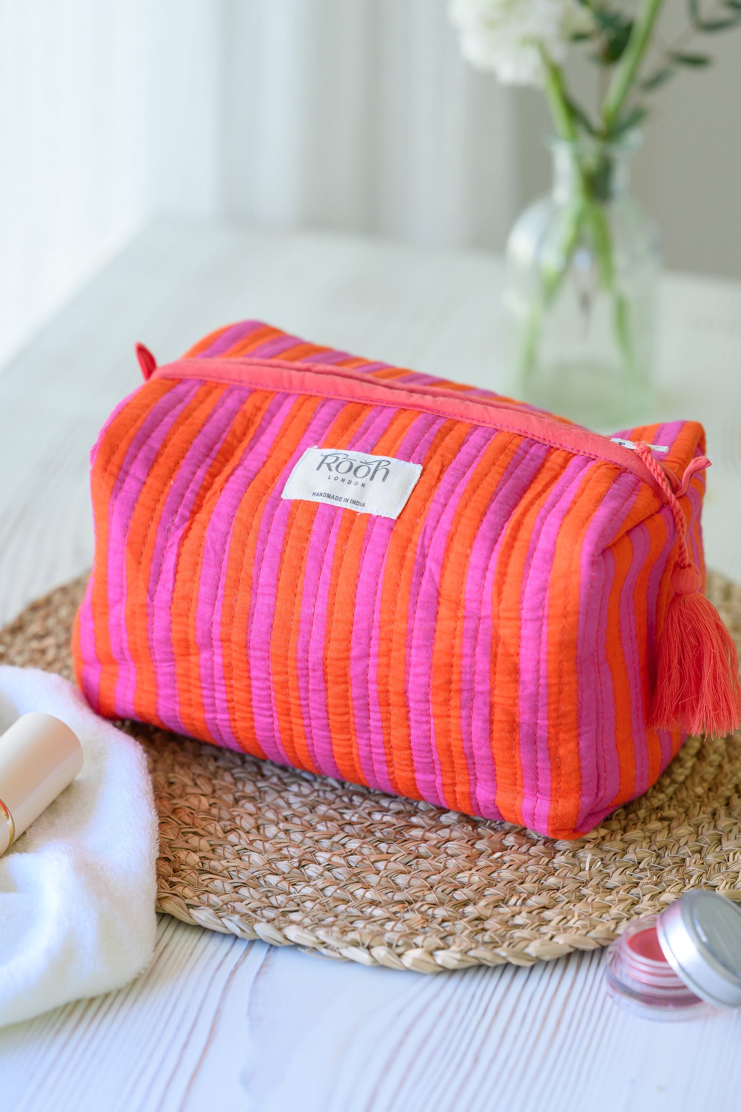 QUILTED COTTON WASH BAG  - SUNSET STRIPE