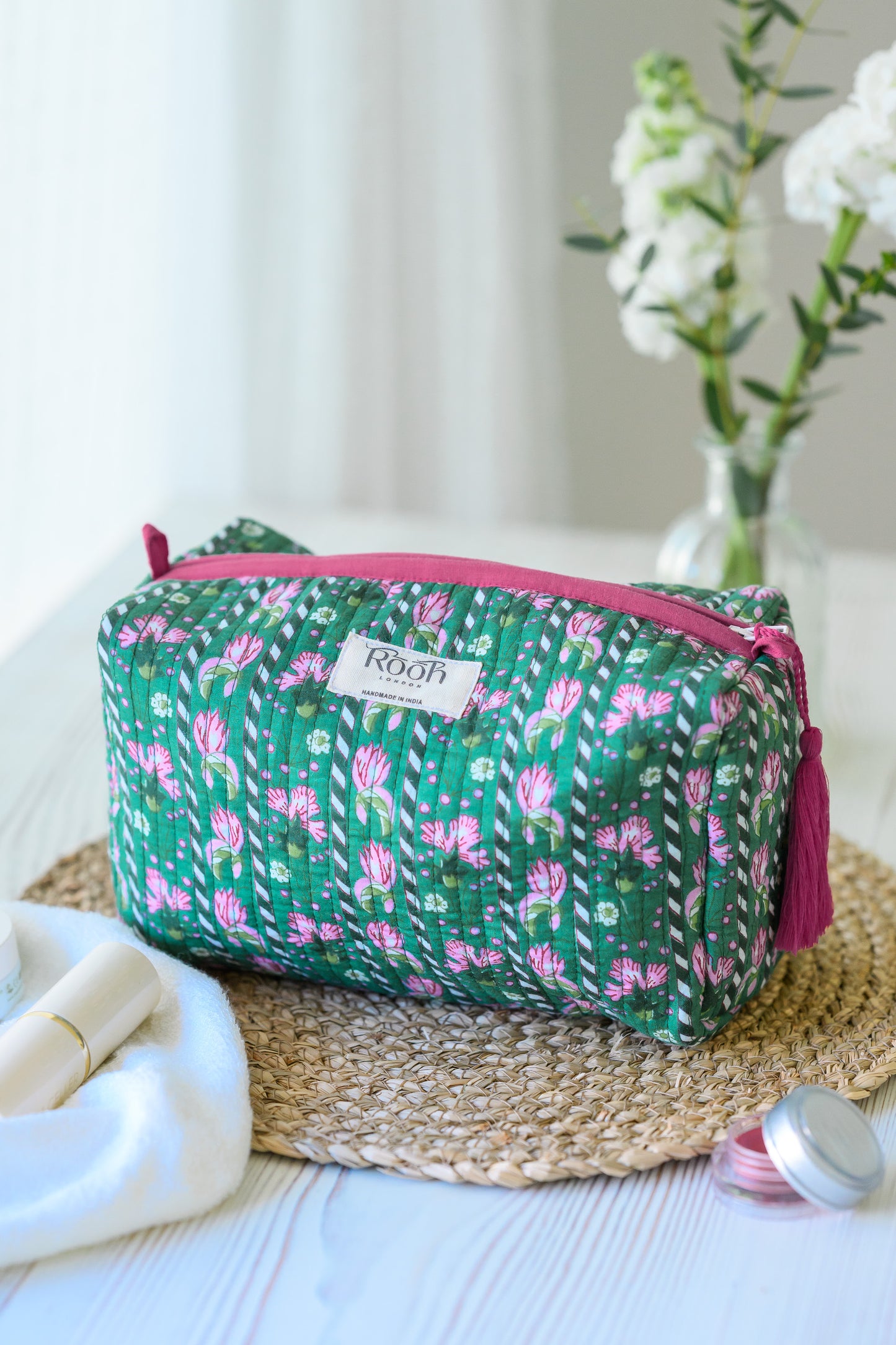 QUILTED COTTON WASH BAG  - EMERALD GREEN & PINK FLORAL