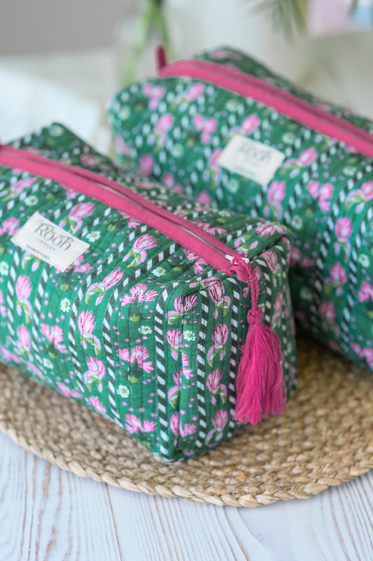 QUILTED COTTON WASH BAG  - EMERALD GREEN & PINK FLORAL