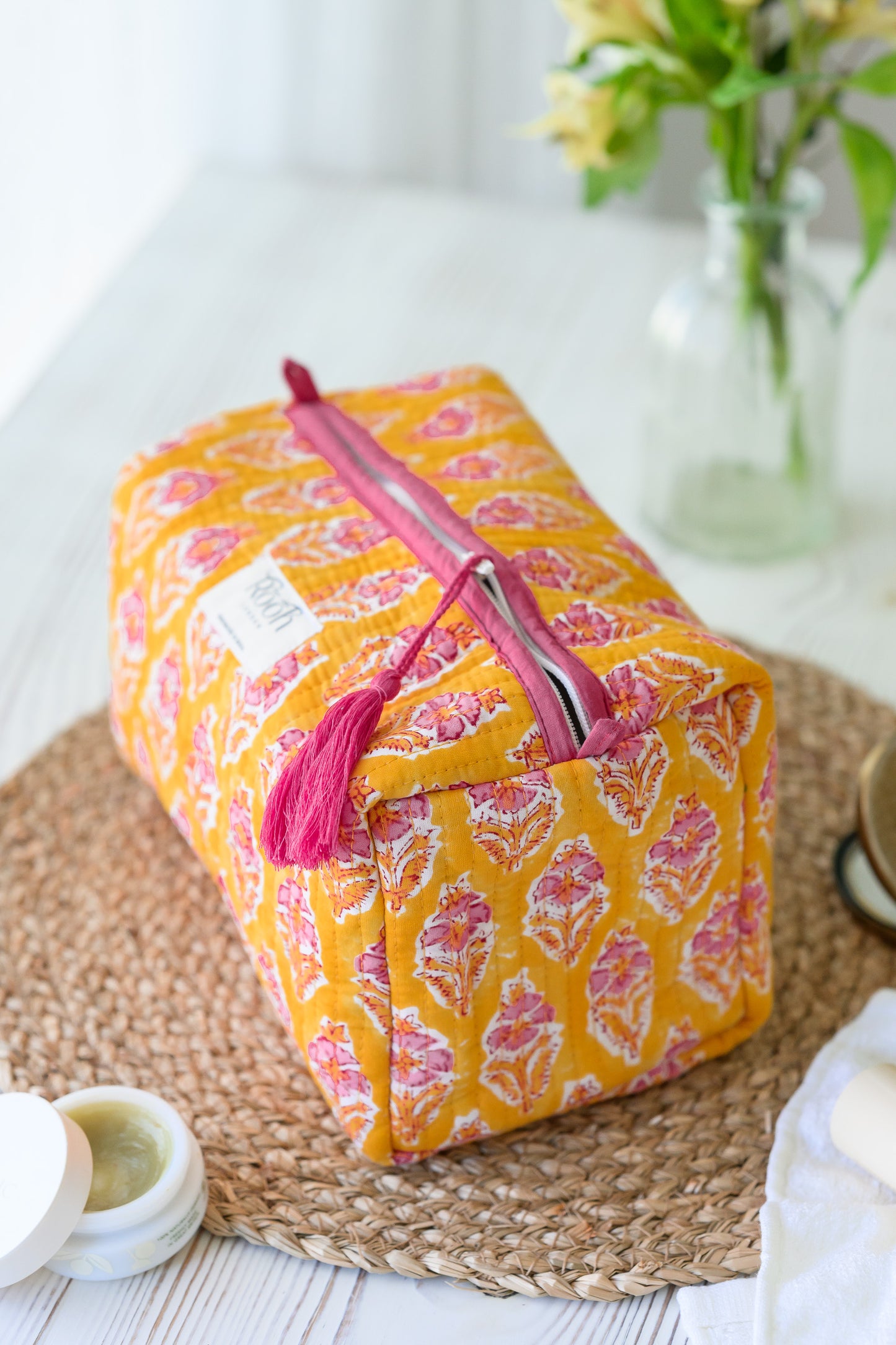 QUILTED COTTON WASH BAG  - YELLOW & PINK FLORAL