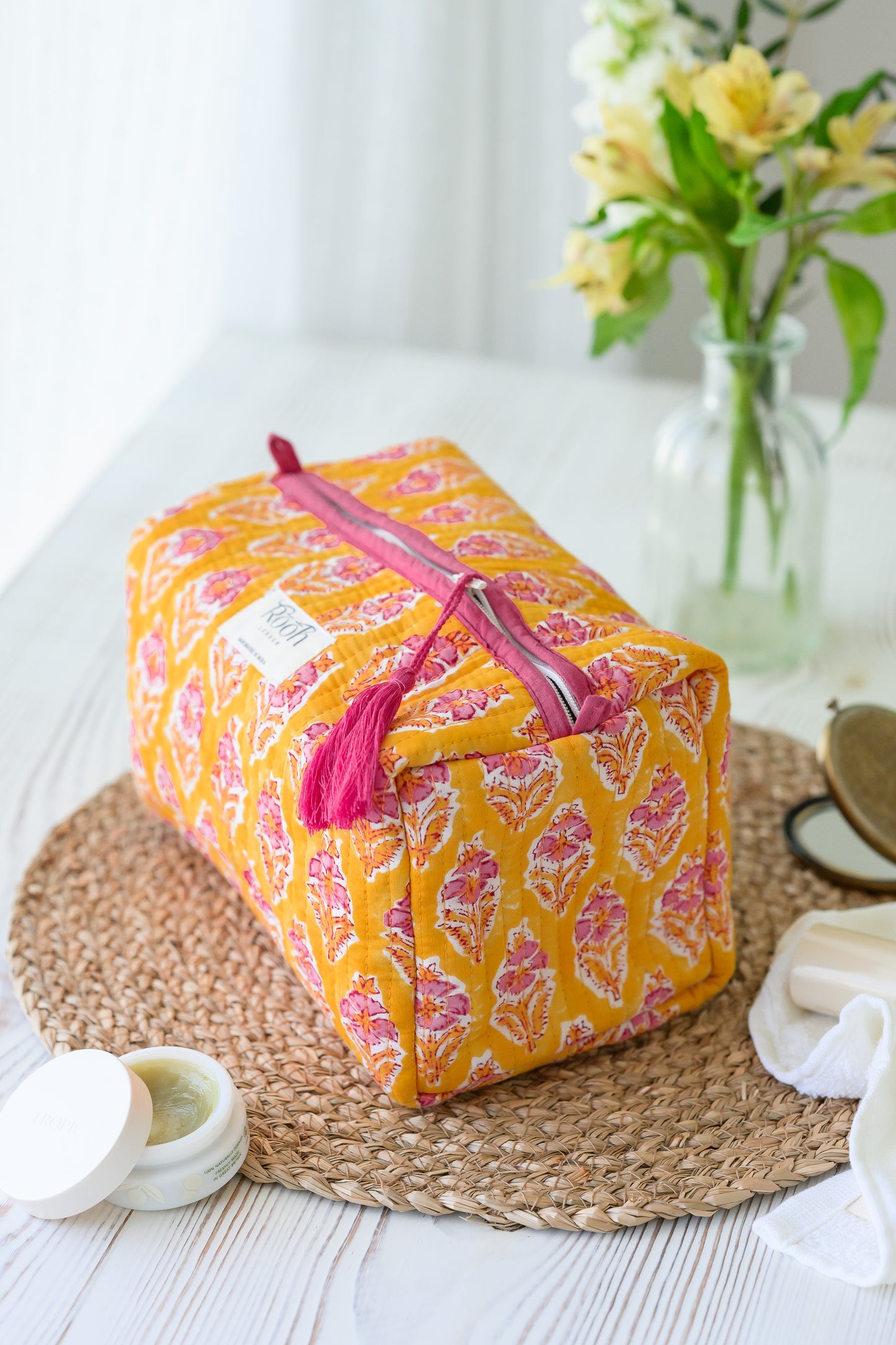 QUILTED COTTON WASH BAG  - YELLOW & PINK FLORAL
